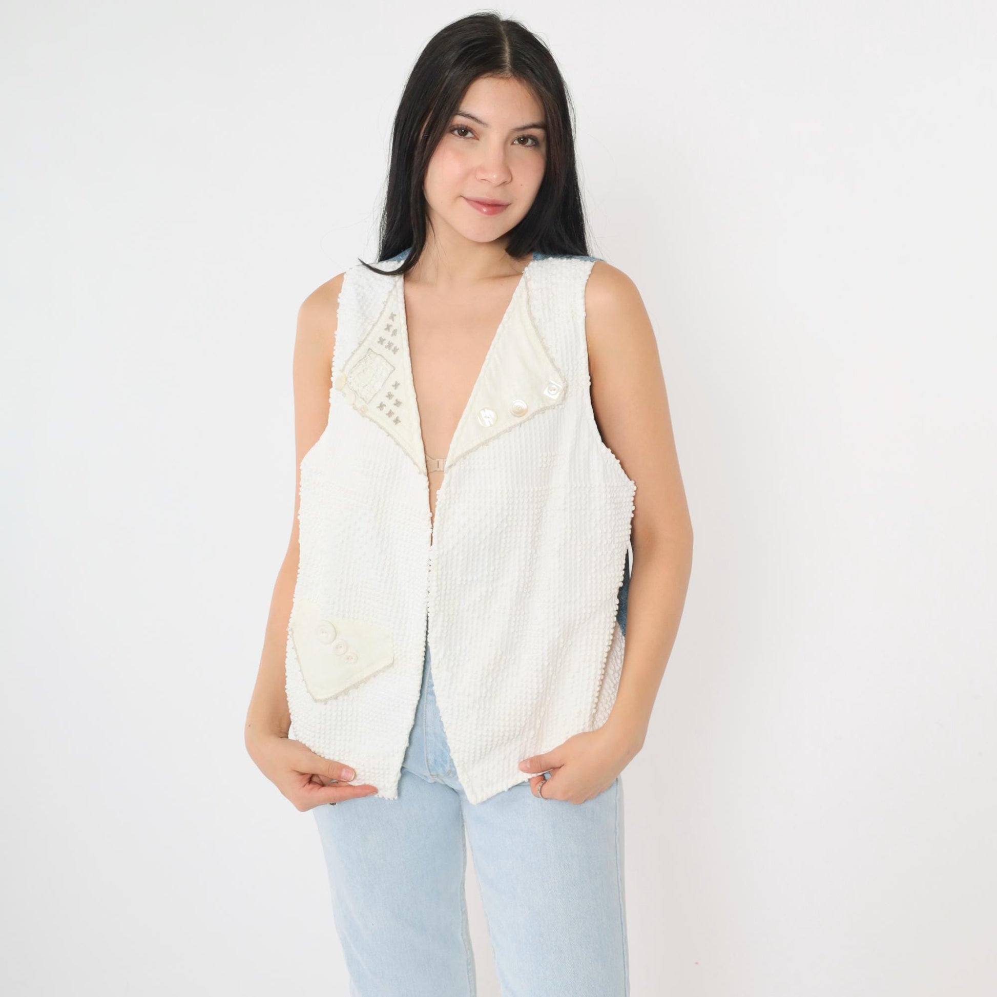 90s Reversible Vest White Nubby Texture Floral Chambray Denim Medium M