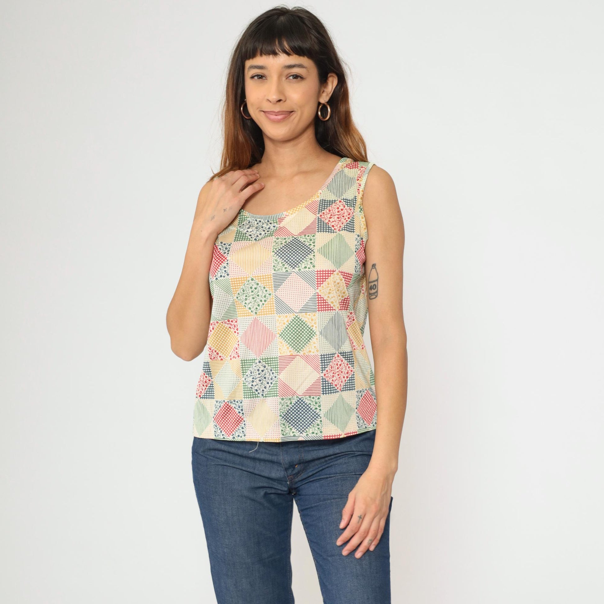 70s Patchwork Floral Tank Top Checkered Print Sleeveless Medium Large