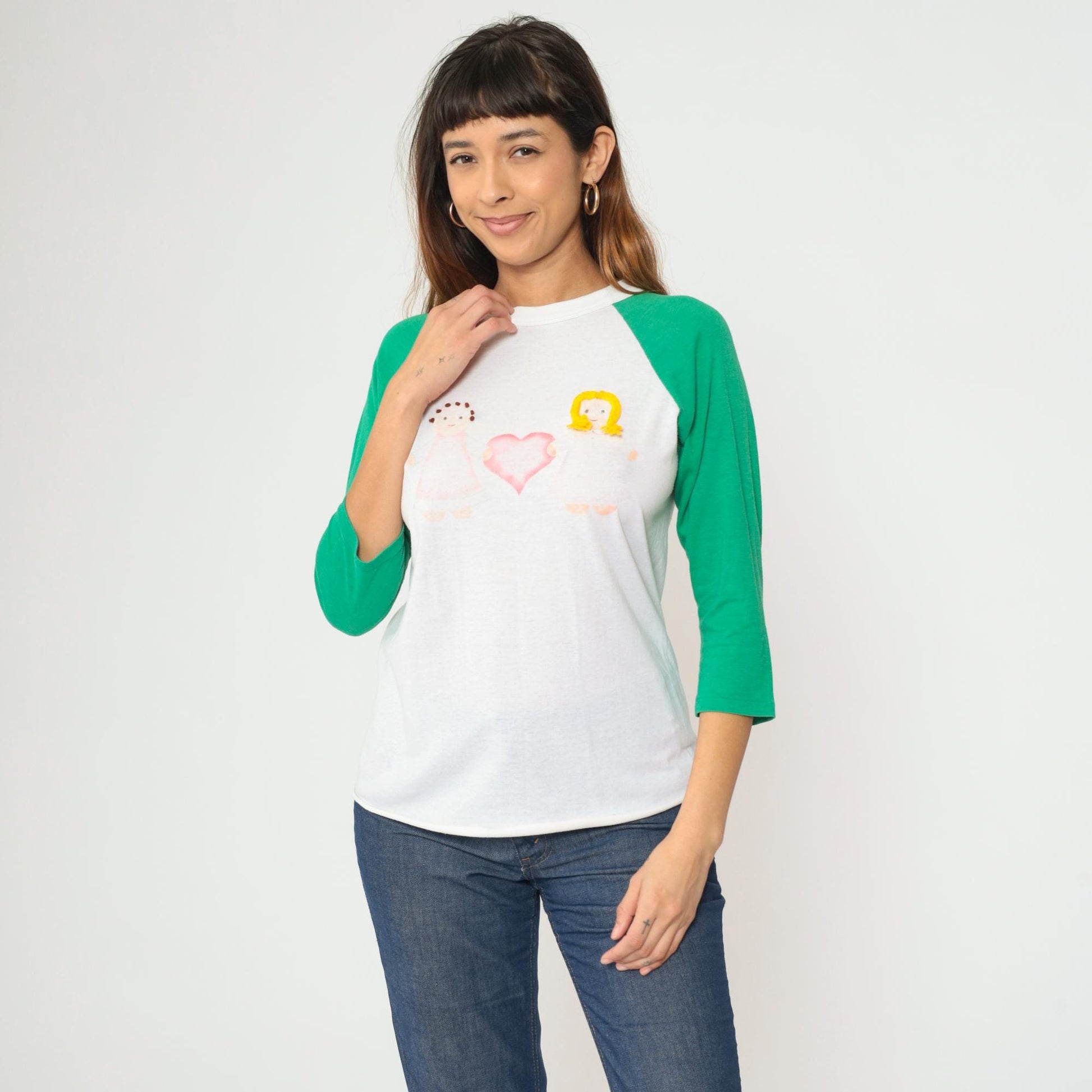 80s Raglan Baseball Tee White Green Doll Heart Graphic Small