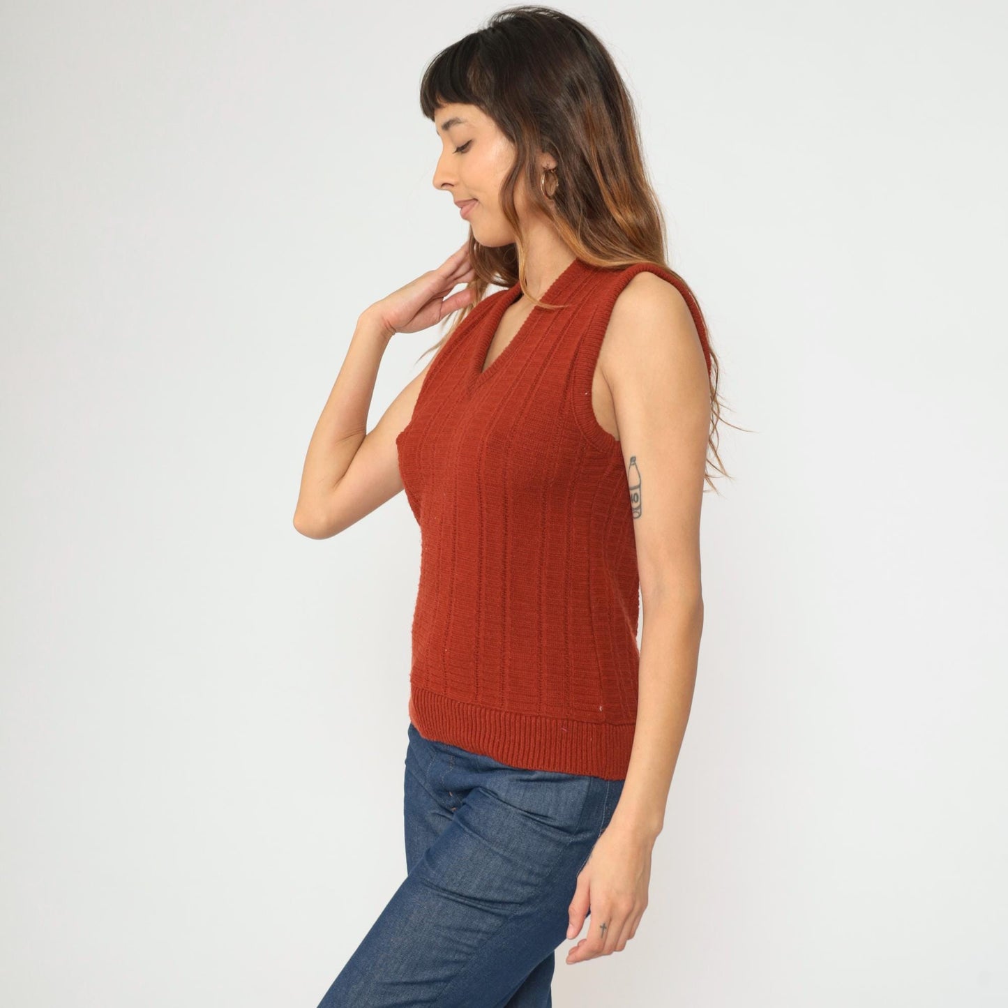 80s Montgomery Ward Rust Acrylic Knit Vest V-Neck Sleeveless Pullover Small
