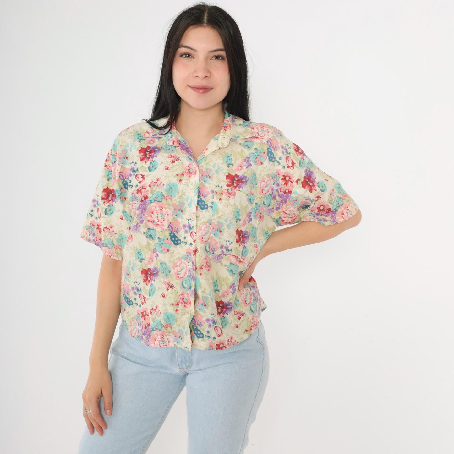 90s Judy Knapp Floral Button Up Blouse Pearl Cluster Off-White Pink Blue Small