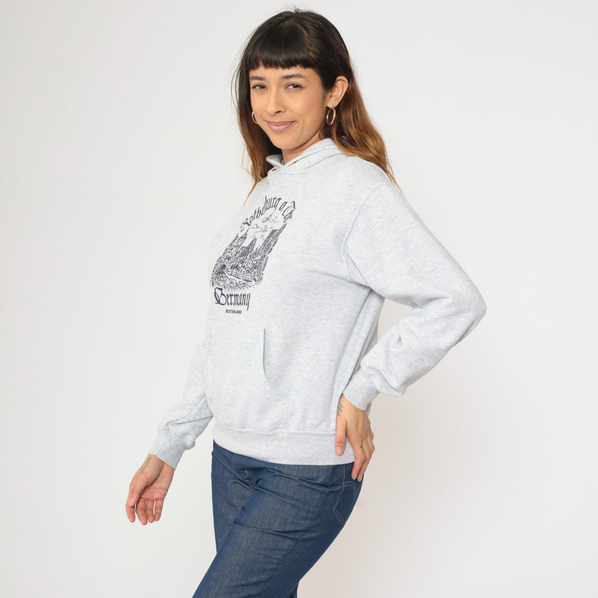 00s Rothenburg ob der Tauber Germany Hoodie Sweatshirt Grey Graphic Small