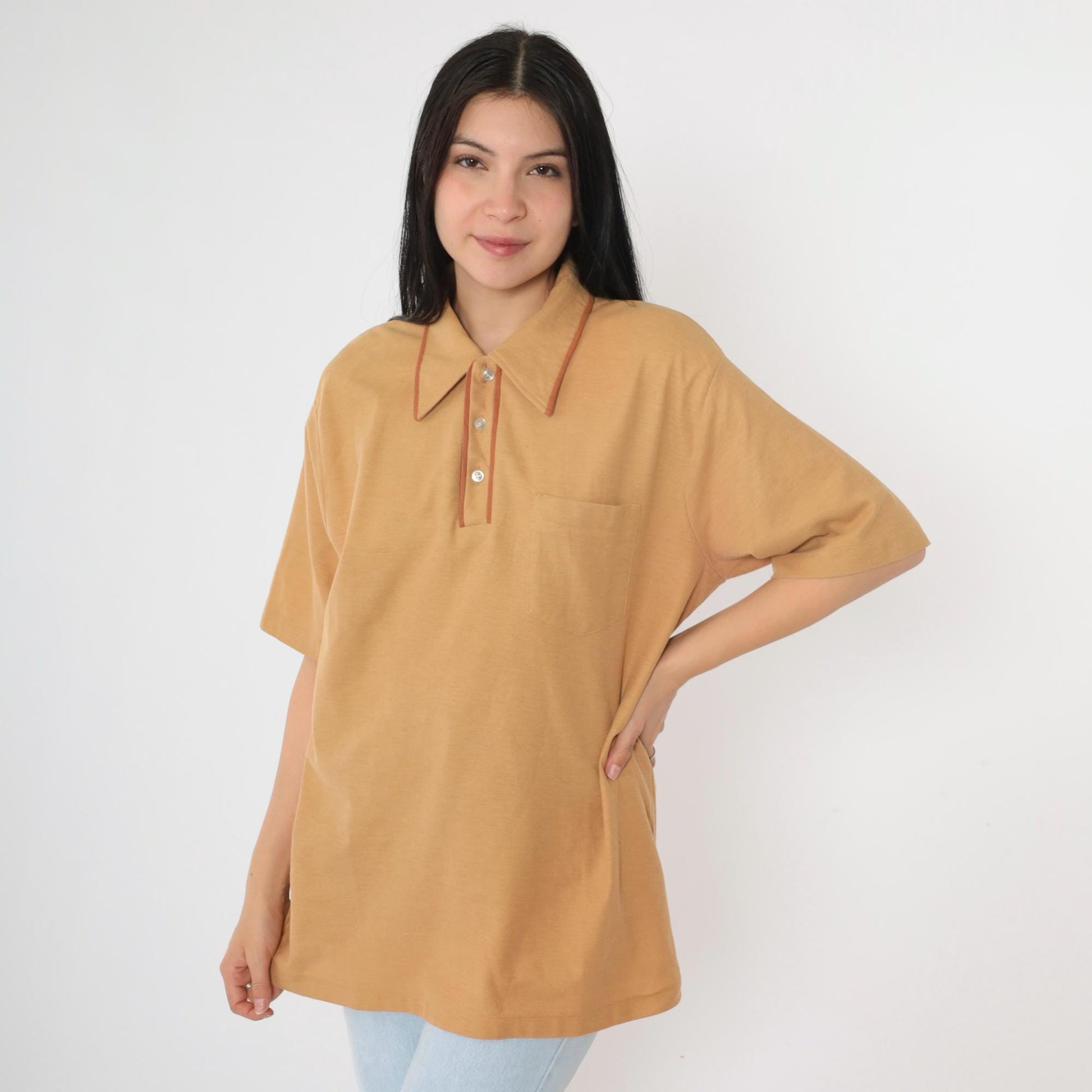70s Tan Polo Shirt Brown Trim Collared Short Sleeve Men's Large