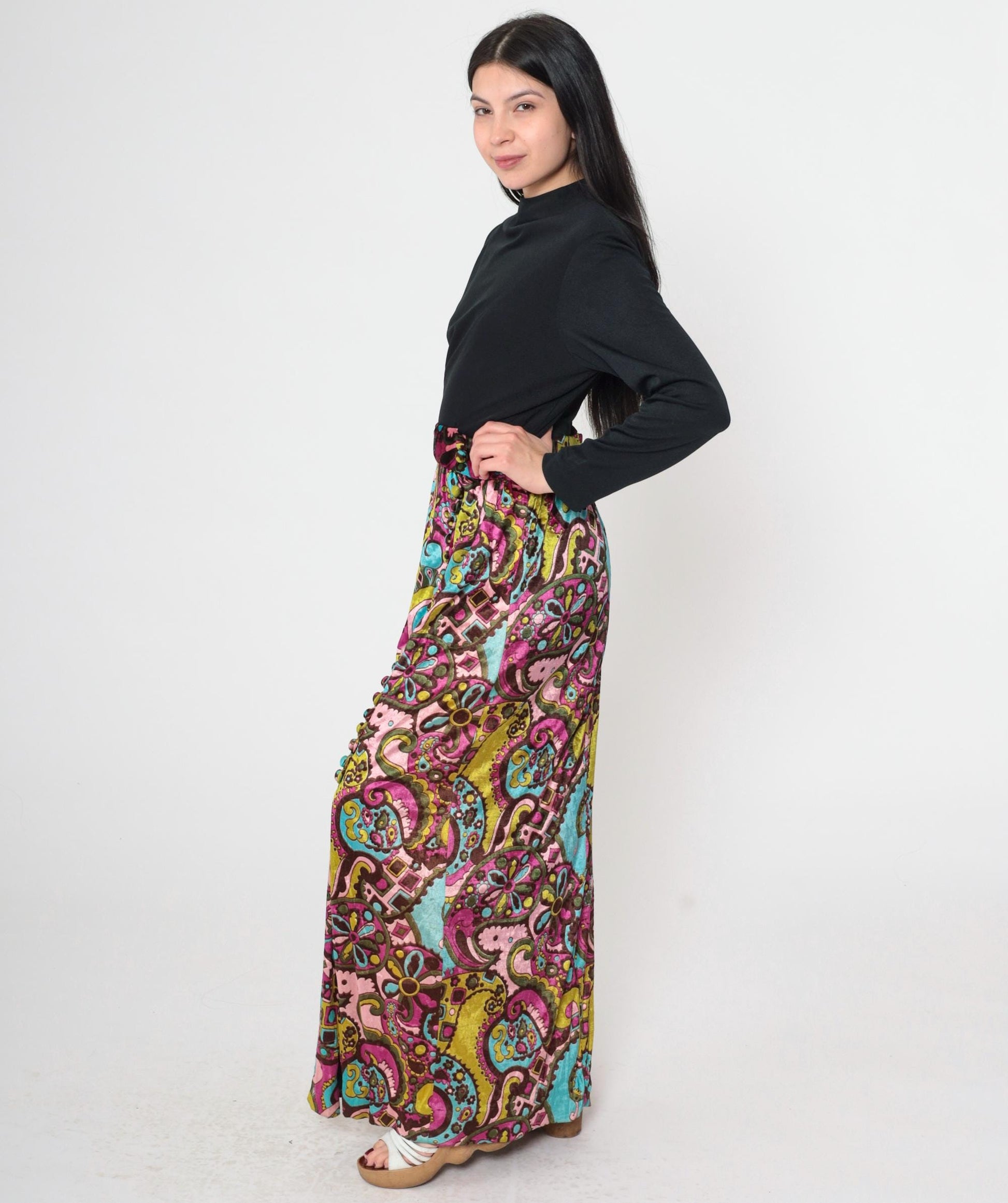 70s Psychedelic Velvet Paisley Maxi Dress Black High Waist Long Sleeve Front Slit Small