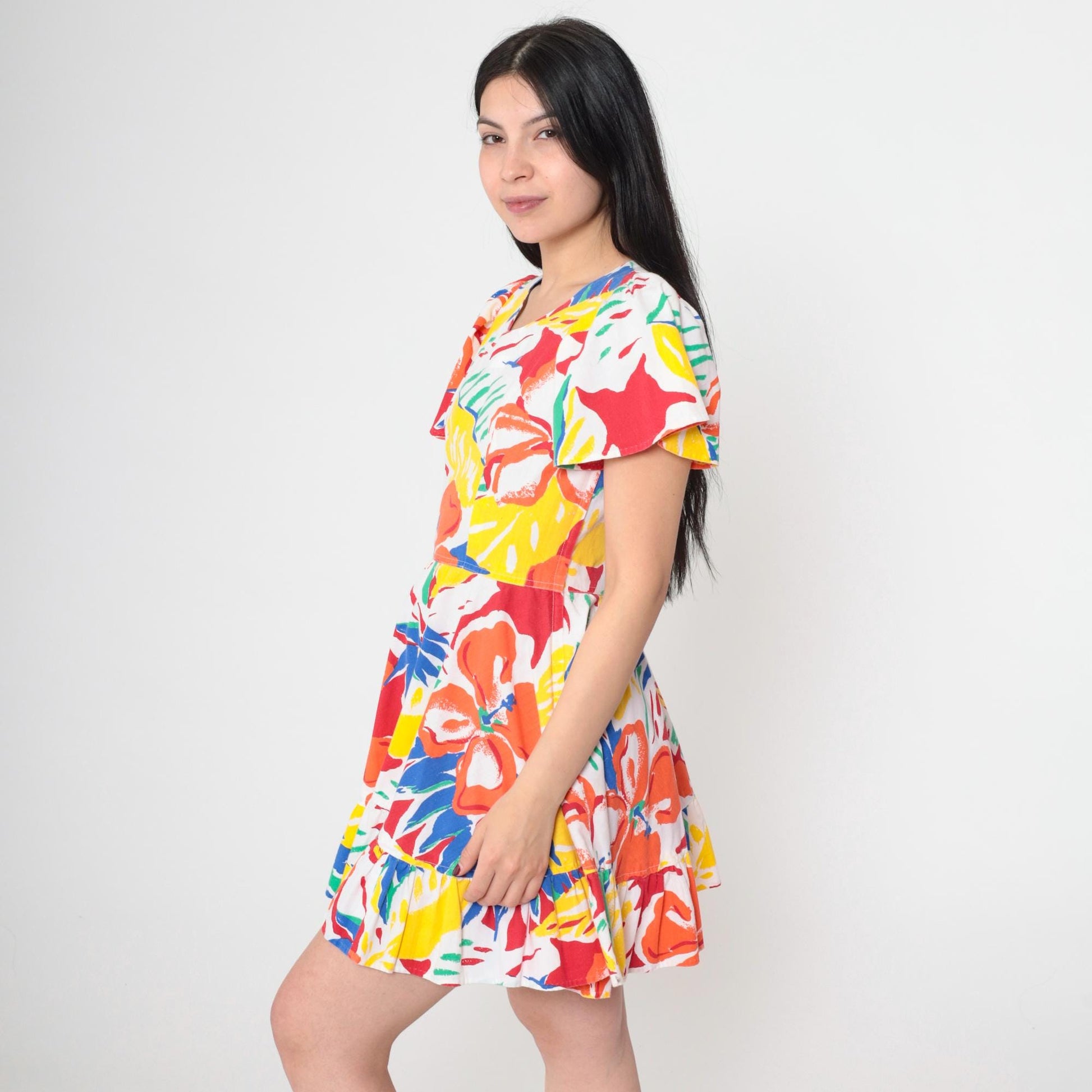 80s Floral Mini Dress Abstract Print Puff Sleeve Fit and Flare Small