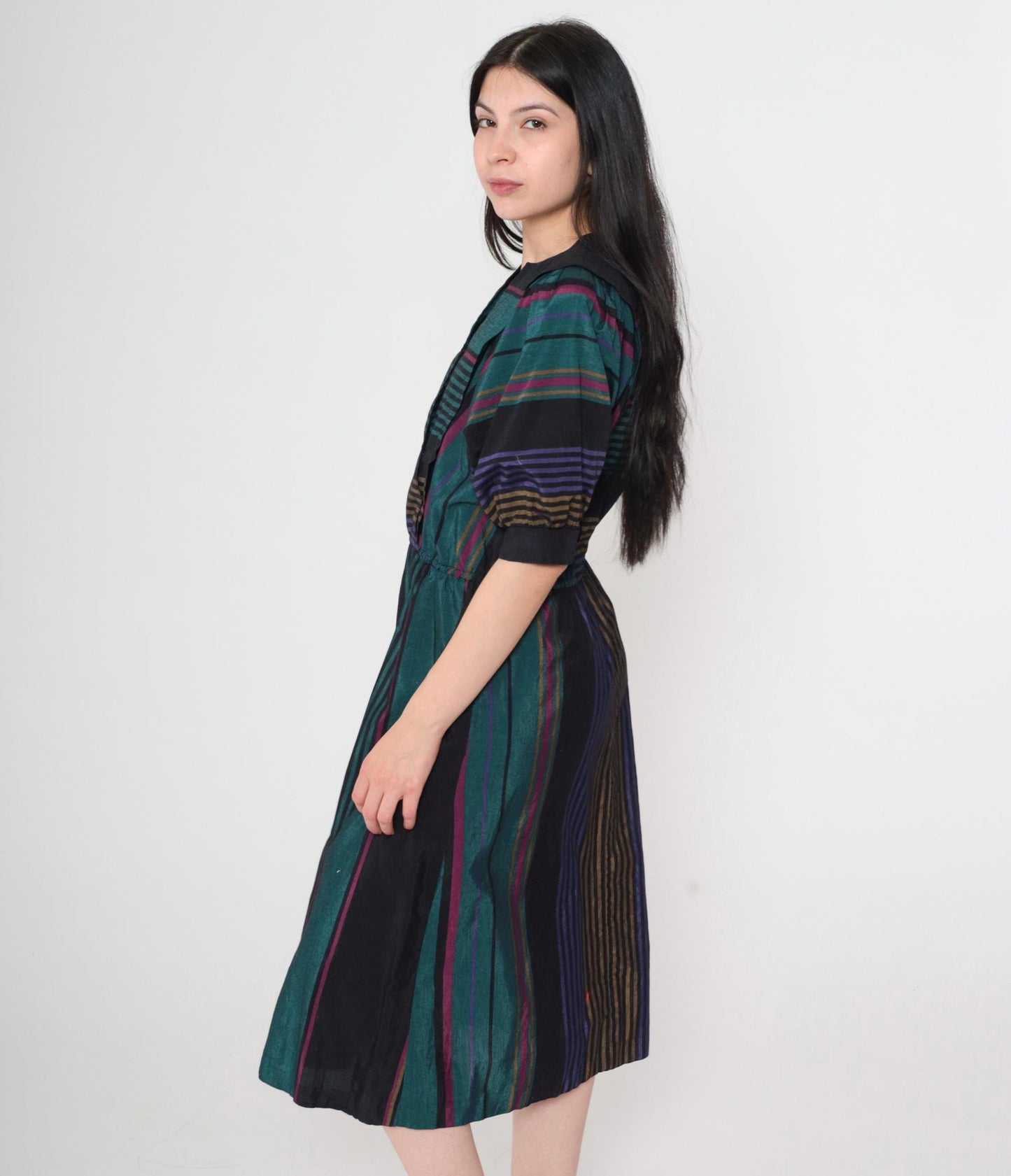 80s Multicolor Striped Midi Dress Puff Sleeve High Waist V-Neck Small S
