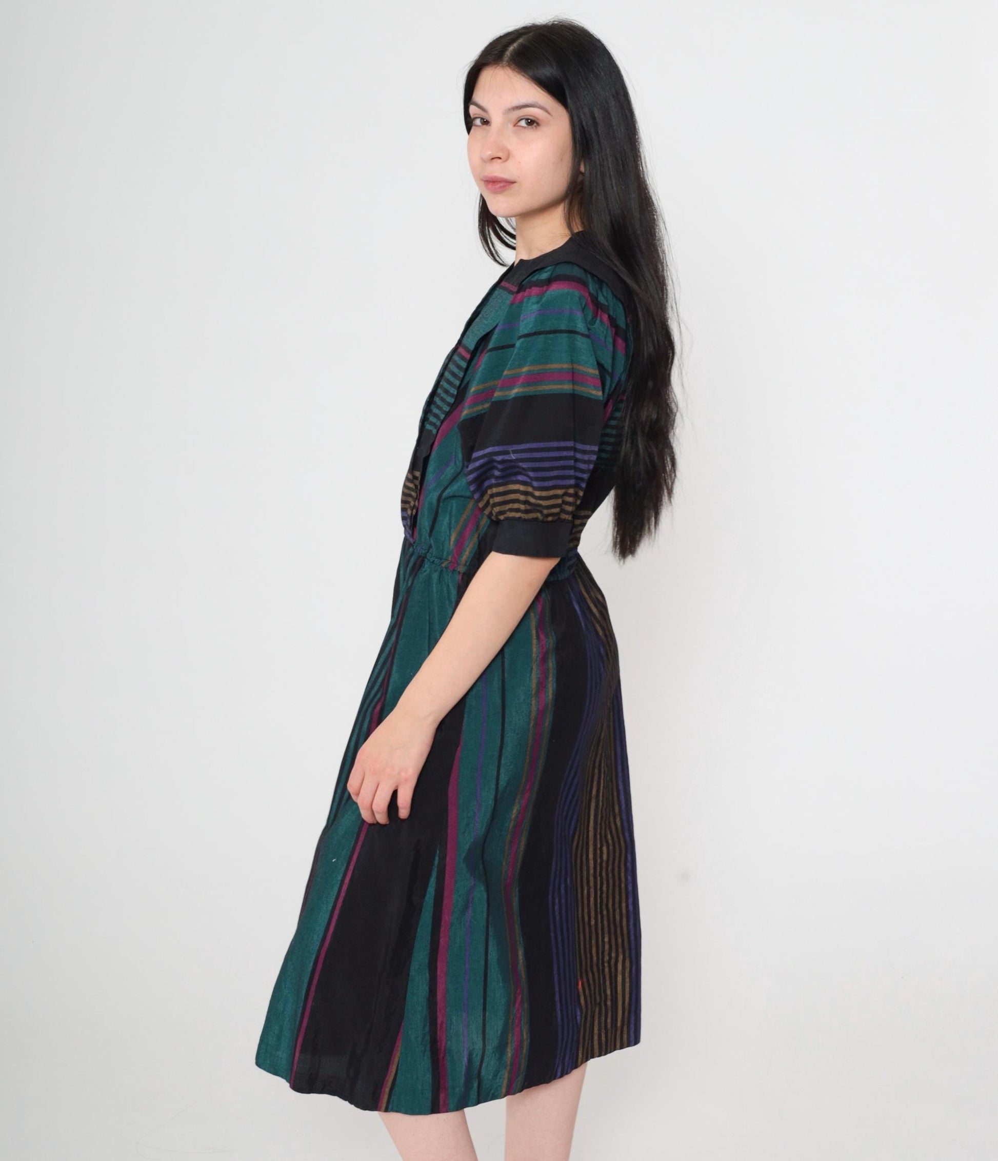 80s Multicolor Striped Midi Dress Puff Sleeve High Waist V-Neck Small S