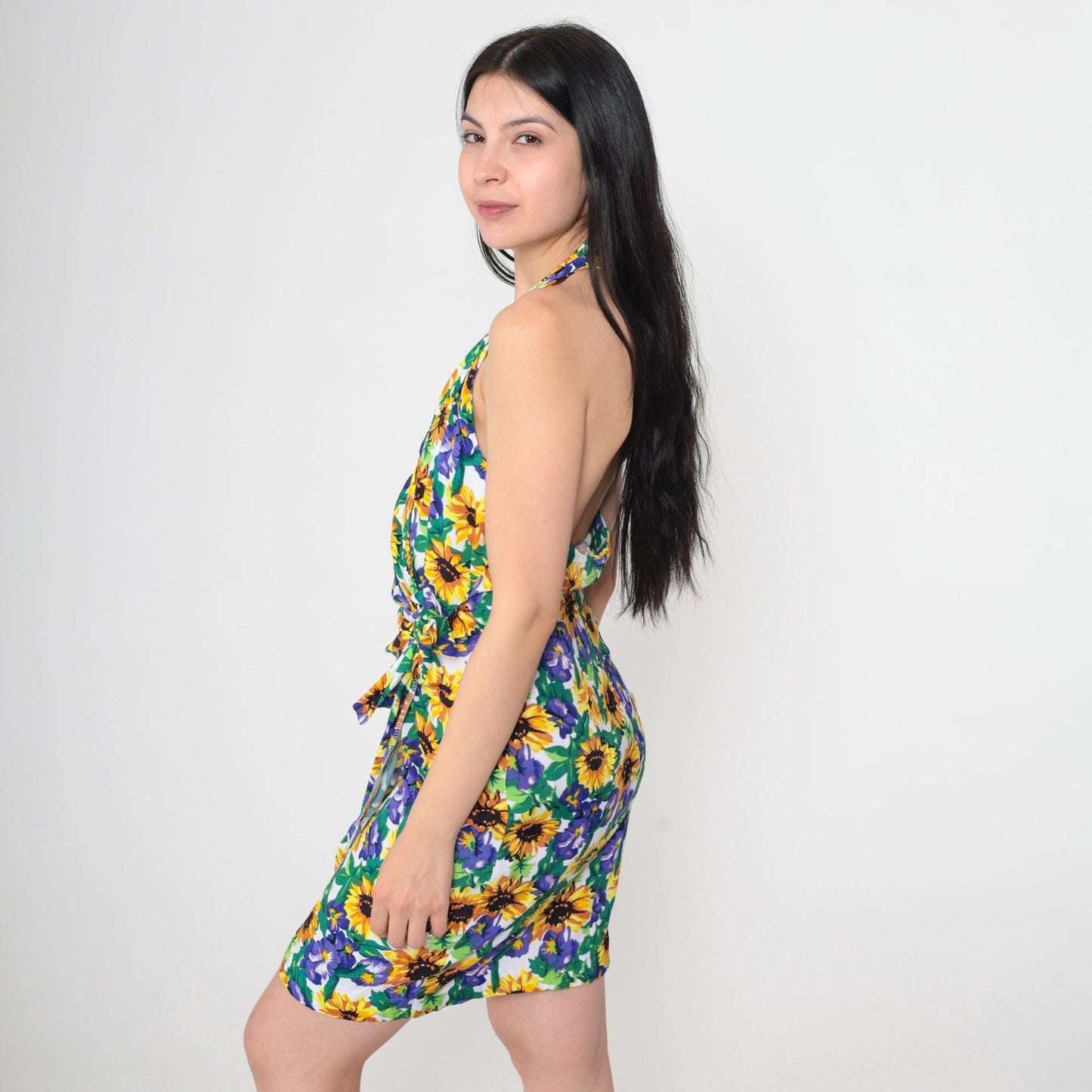 90s Fredericks of Hollywood Floral Halter Mini Dress Sunflower Wrap Medium