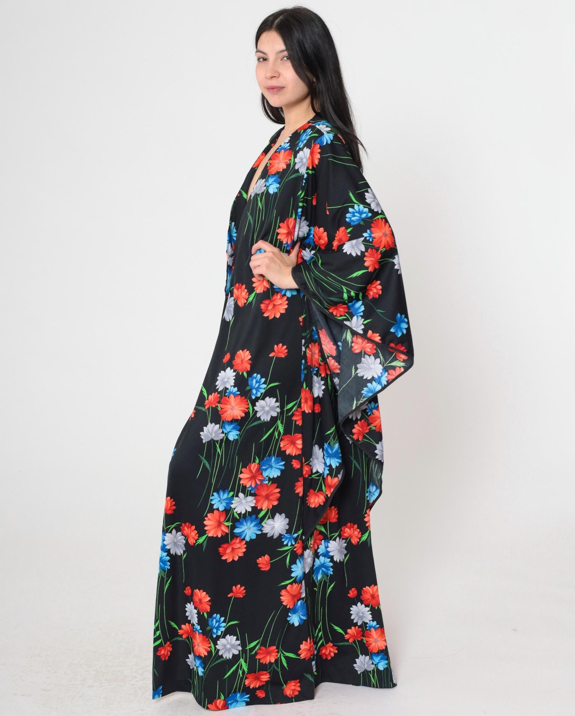 70s Black Floral Maxi Dress Kimono Sleeve Button Front Slit One Size