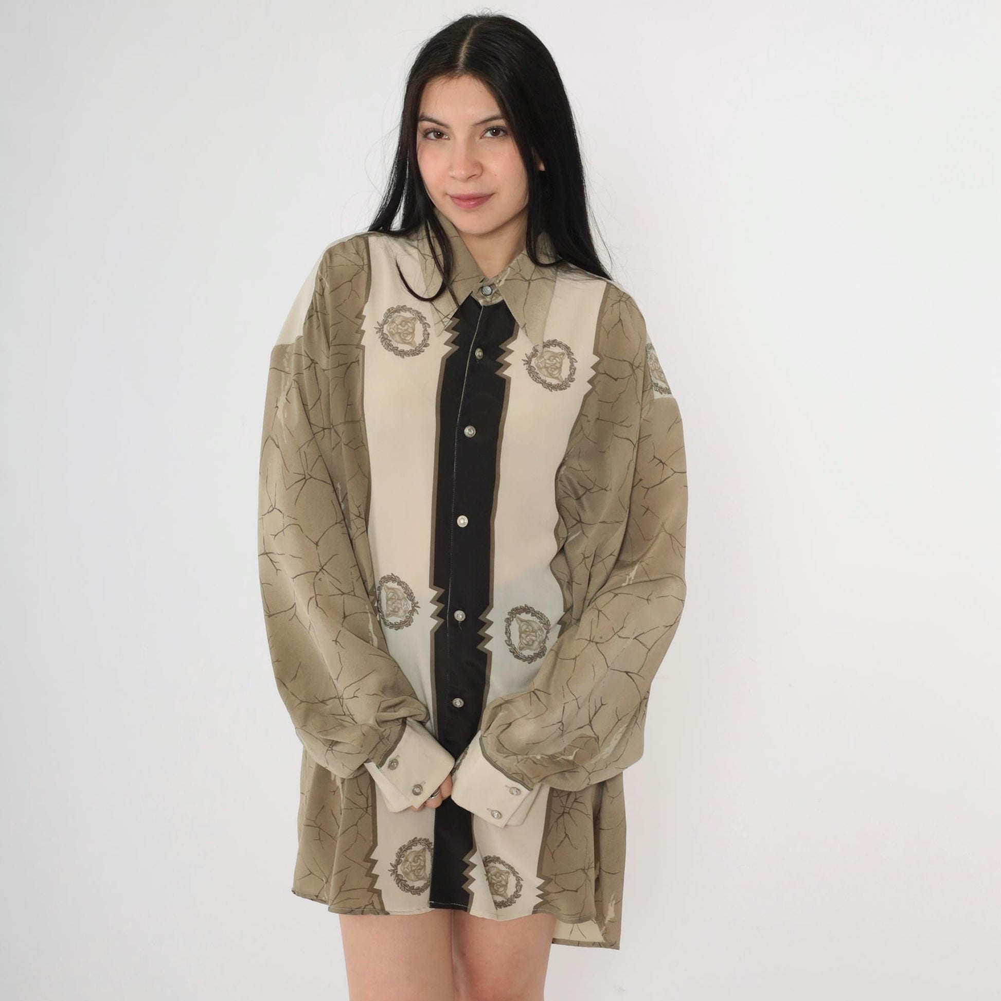 90s Platini Jeans Cougar Emblem Button-Up Shirt Tan Crackle Print Extra Large XL