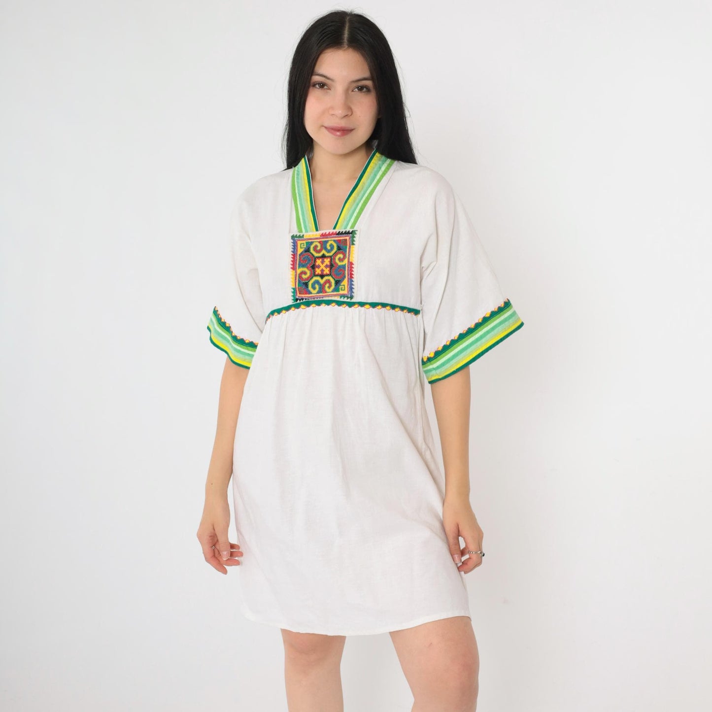 Y2K White Cotton Babydoll Dress Geometric Embroidery Empire Waist Small S