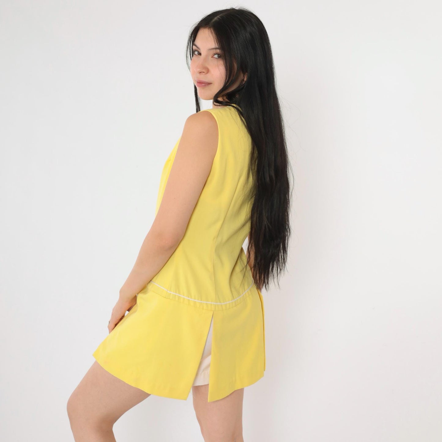 1960s Mod Yellow Mini Dress Drop Waist Button Front White Piping Small S