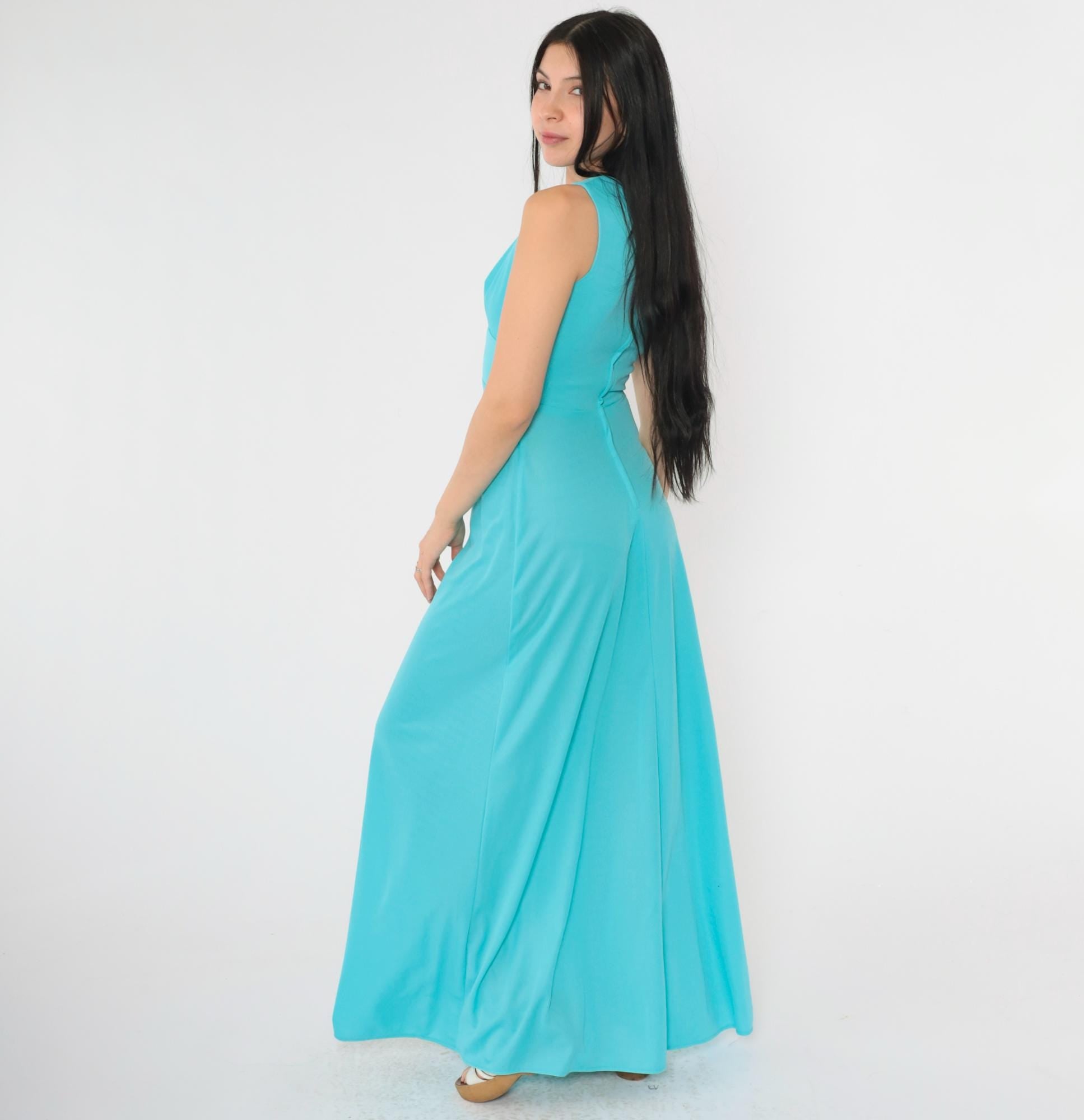 70s Turquoise Maxi Dress V Neck High Waist Sleeveless Gown Extra Small