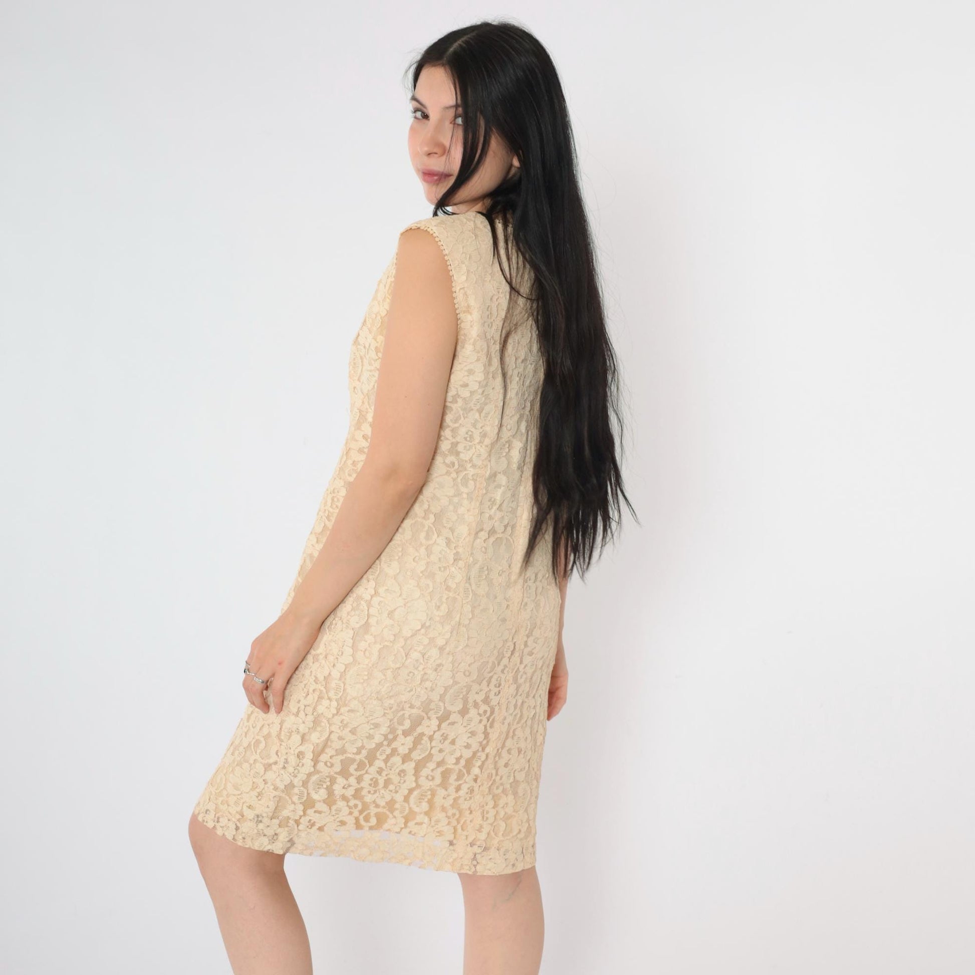 1960s Cream Lace Mini Dress Sleeveless A-Line Cocktail Medium M