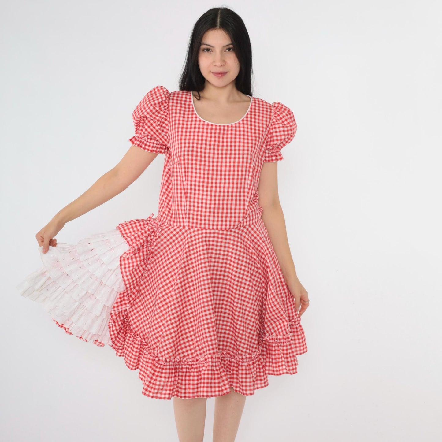 80s Red Gingham Square Dance Dress Puff Sleeve Eyelet Lace Midi Medium