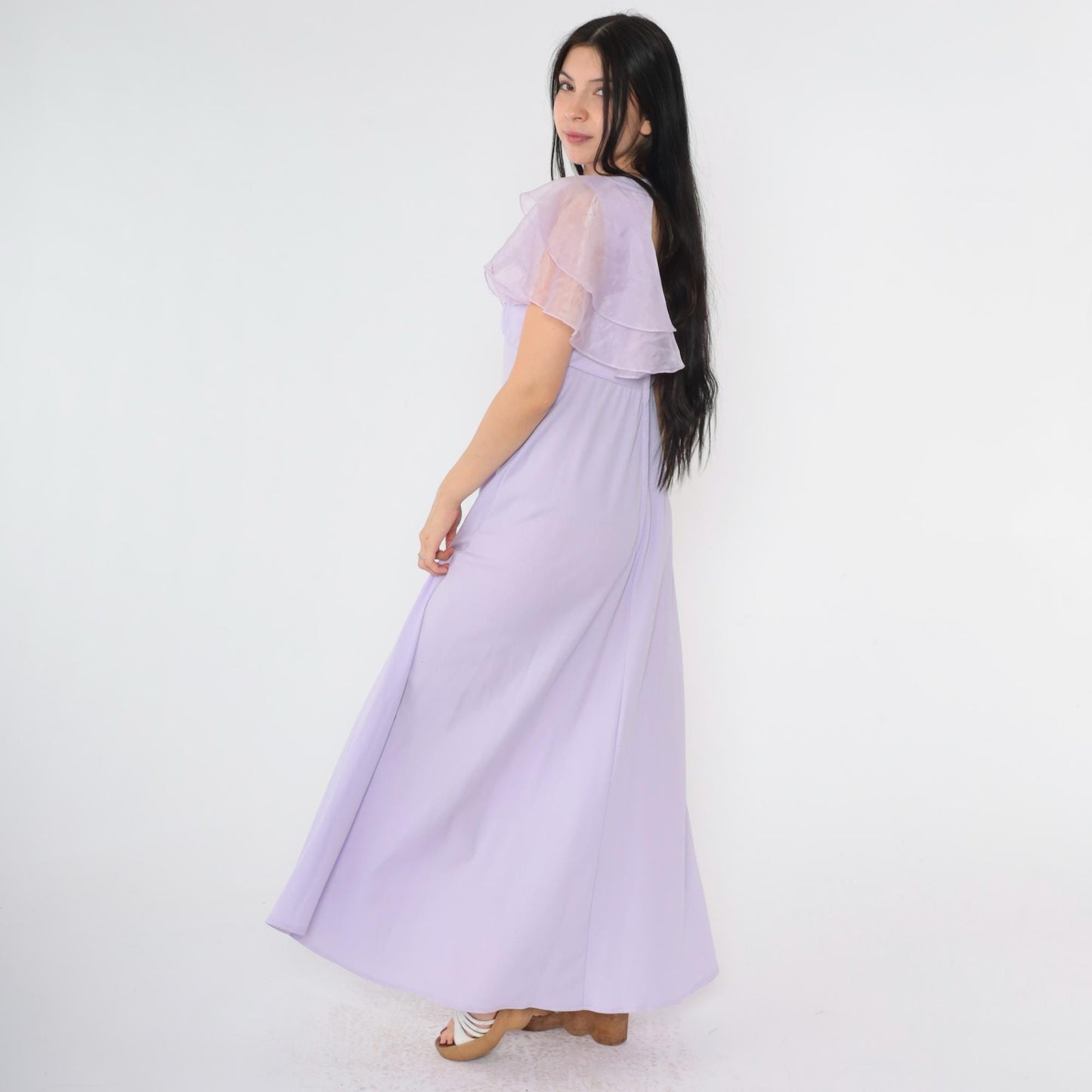 70s Lavender Organza Maxi Dress Flutter Sleeve Empire Waist Open Back Small