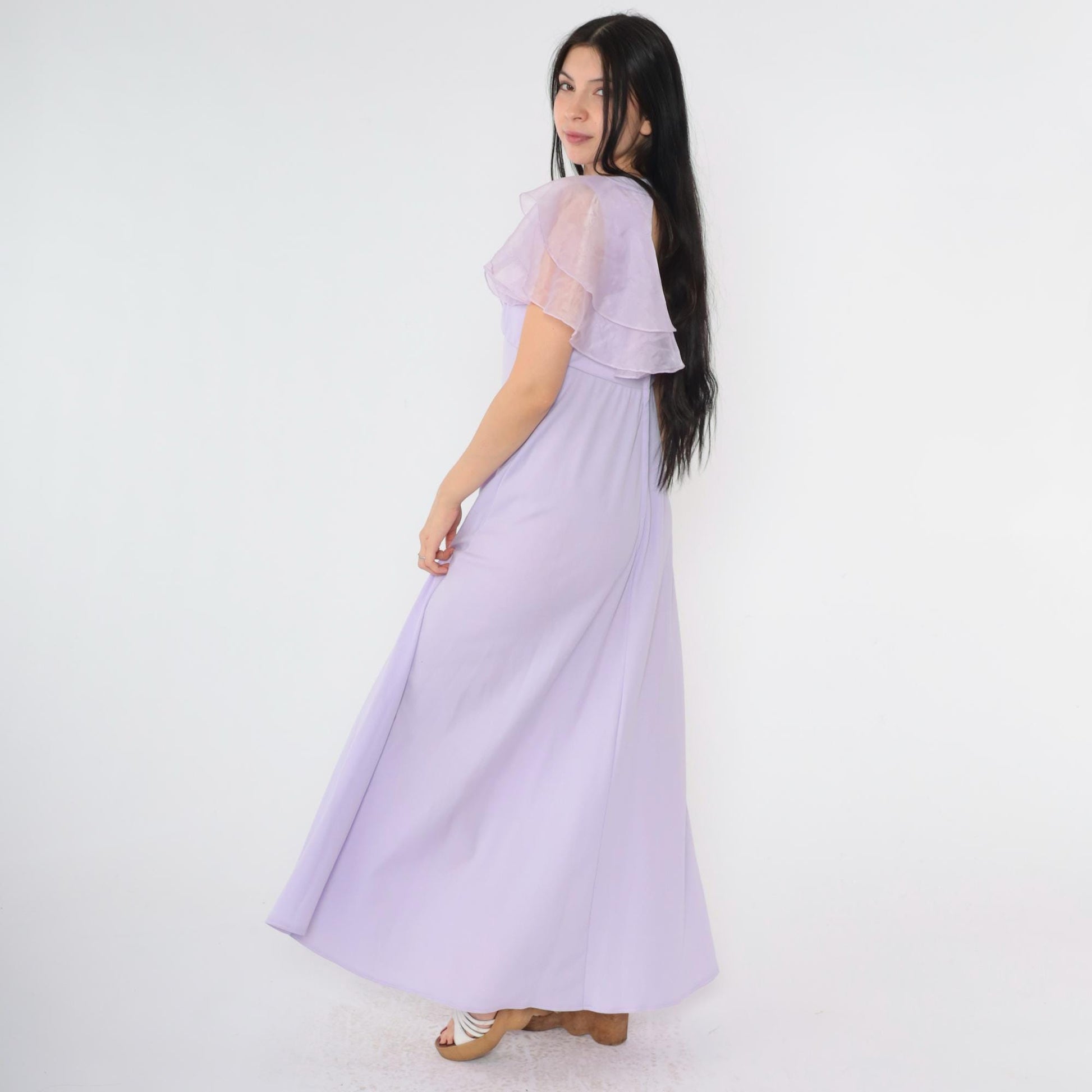 70s Lavender Organza Maxi Dress Flutter Sleeve Empire Waist Open Back Small