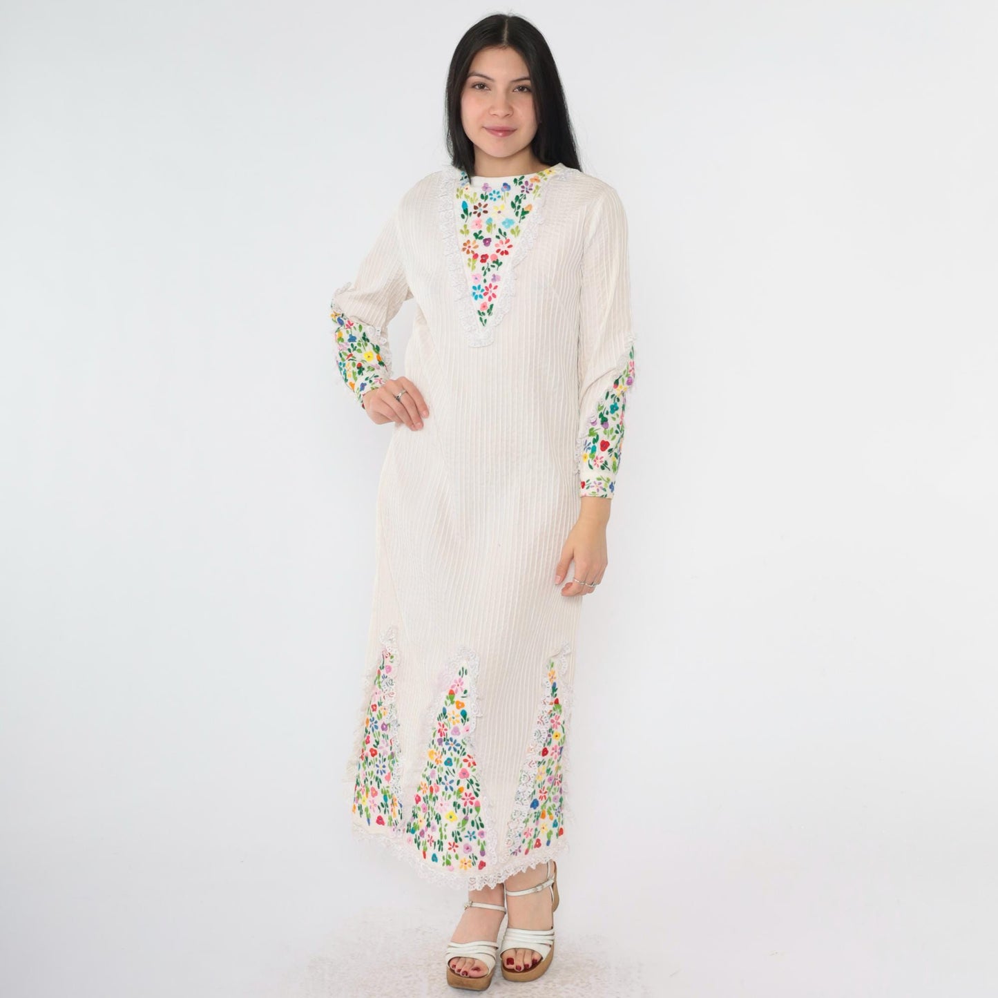 1970s Mexican Floral Embroidered Midi Dress Rainbow Lace Trim Shift Medium M