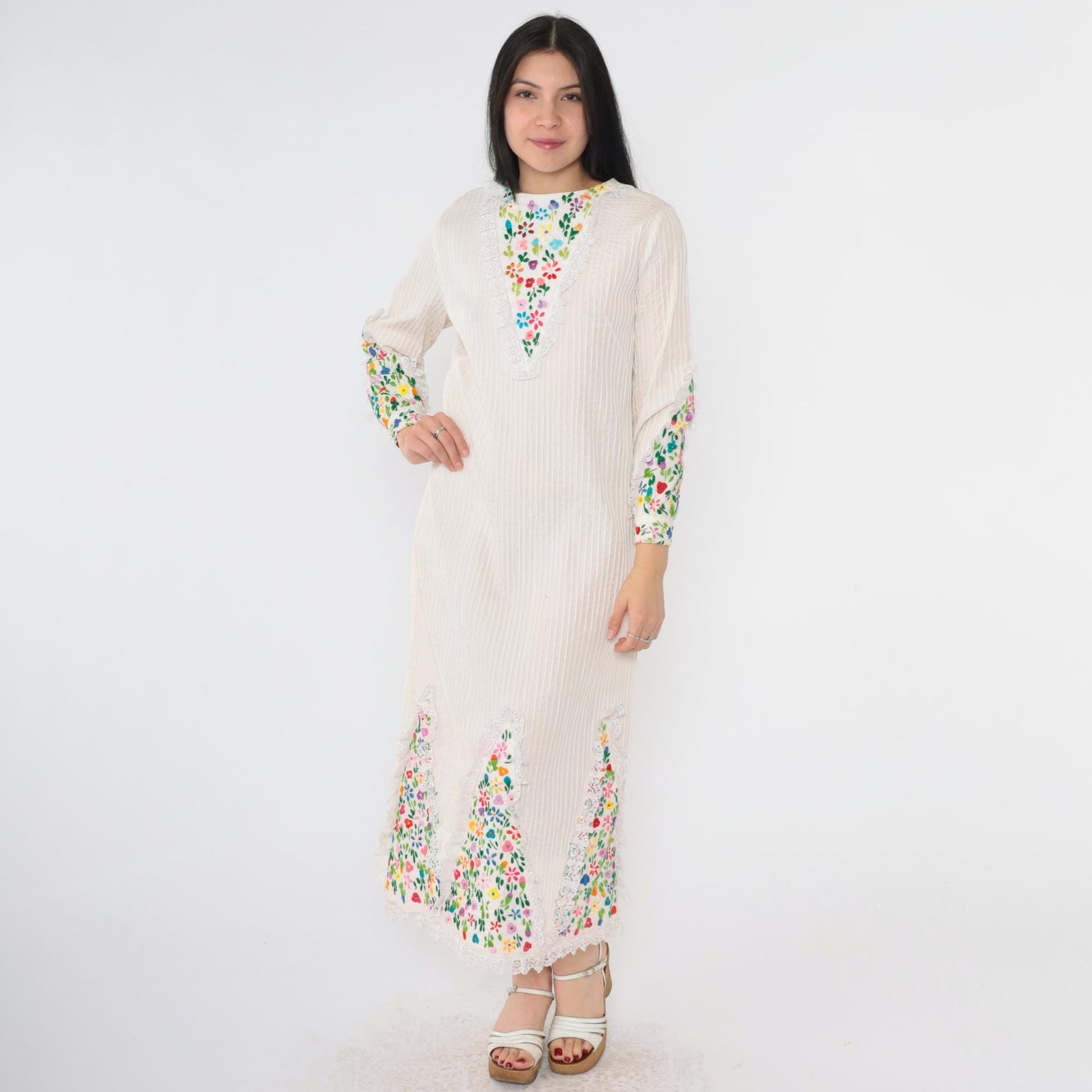 1970s Mexican Floral Embroidered Midi Dress Rainbow Lace Trim Shift Medium M
