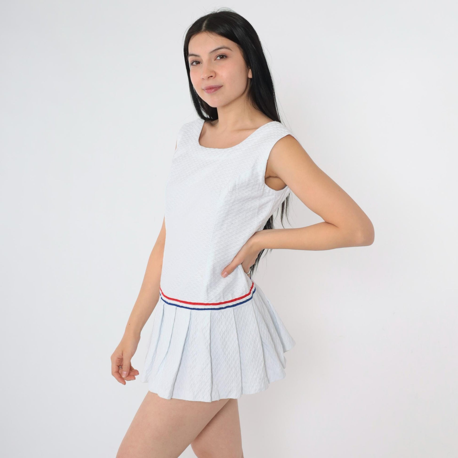 60s Mod Scooter Dress White Drop Waist Pleated Mini Sleeveless Small