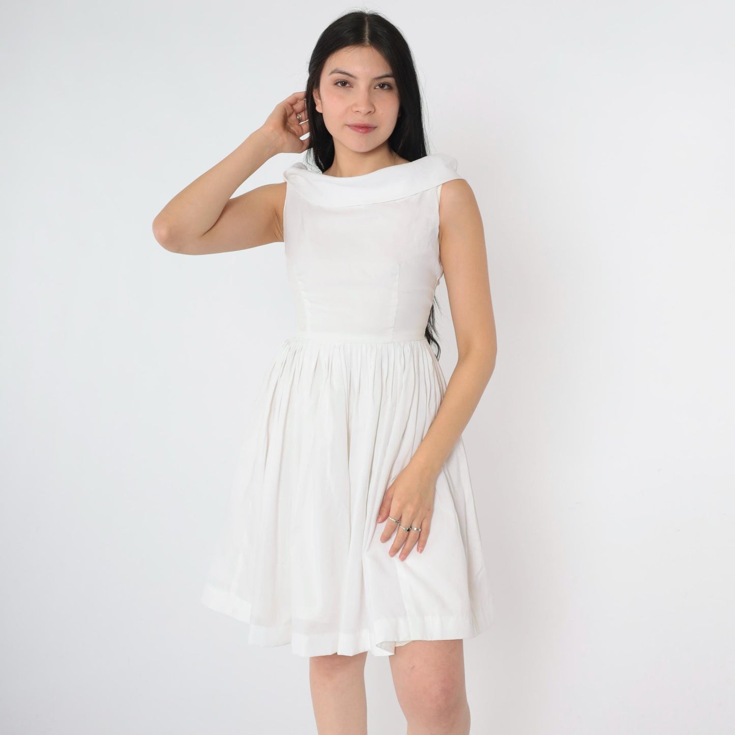 60s White Pleated Mini Dress High Waist Tie Back Skater Sleeveless Extra Small