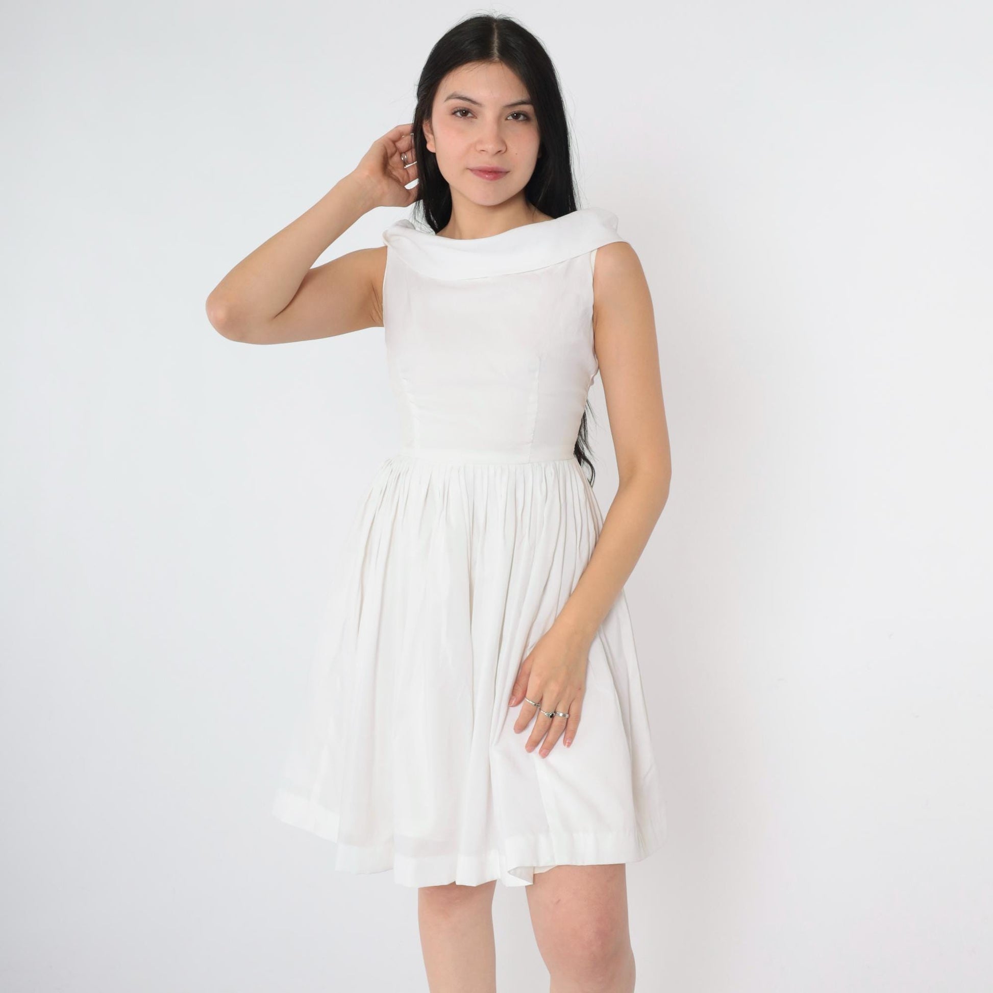 60s White Pleated Mini Dress High Waist Tie Back Skater Sleeveless Extra Small