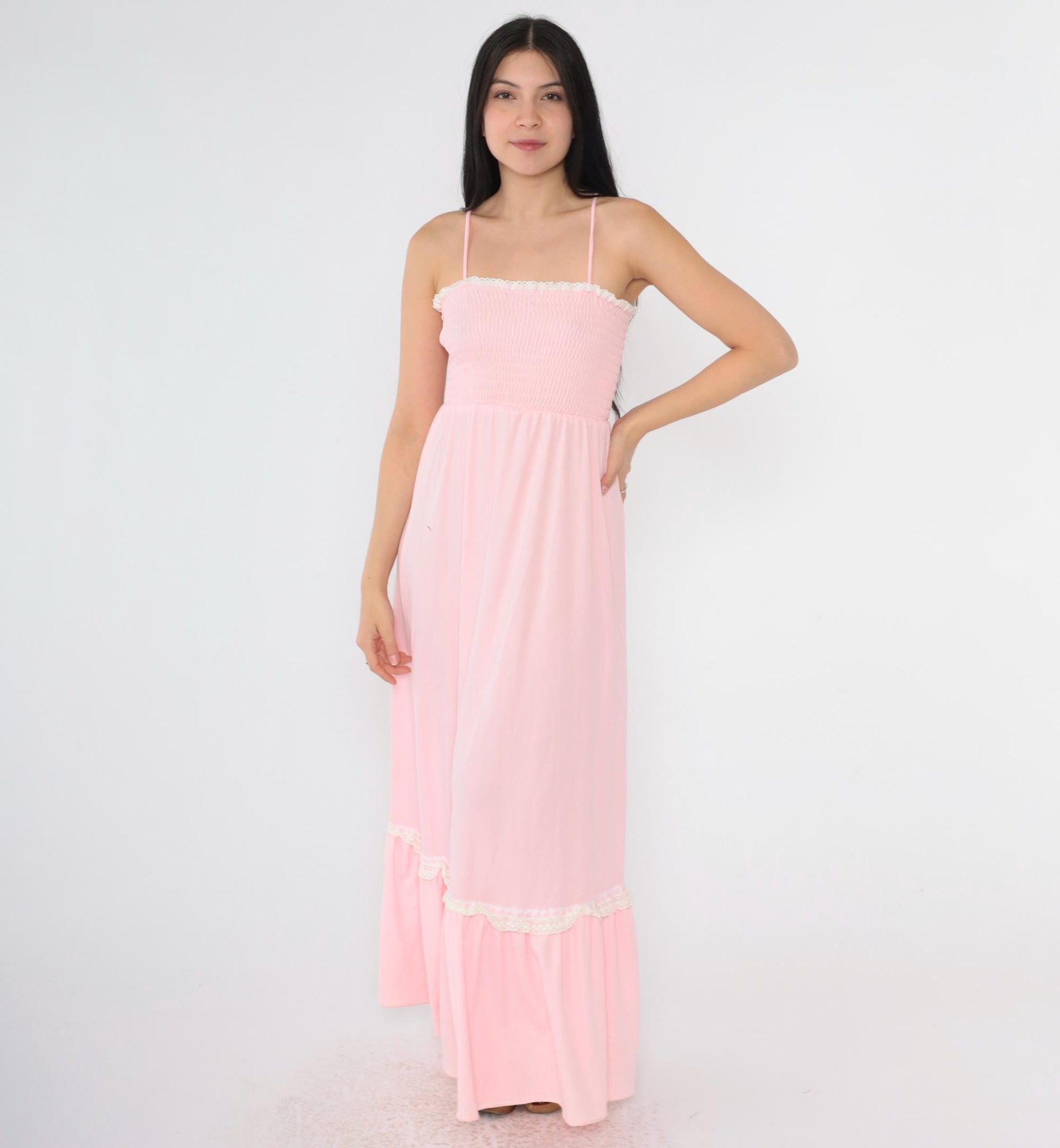 70s Baby Pink Maxi Sundress Smocked High Waist Spaghetti Strap Extra Small