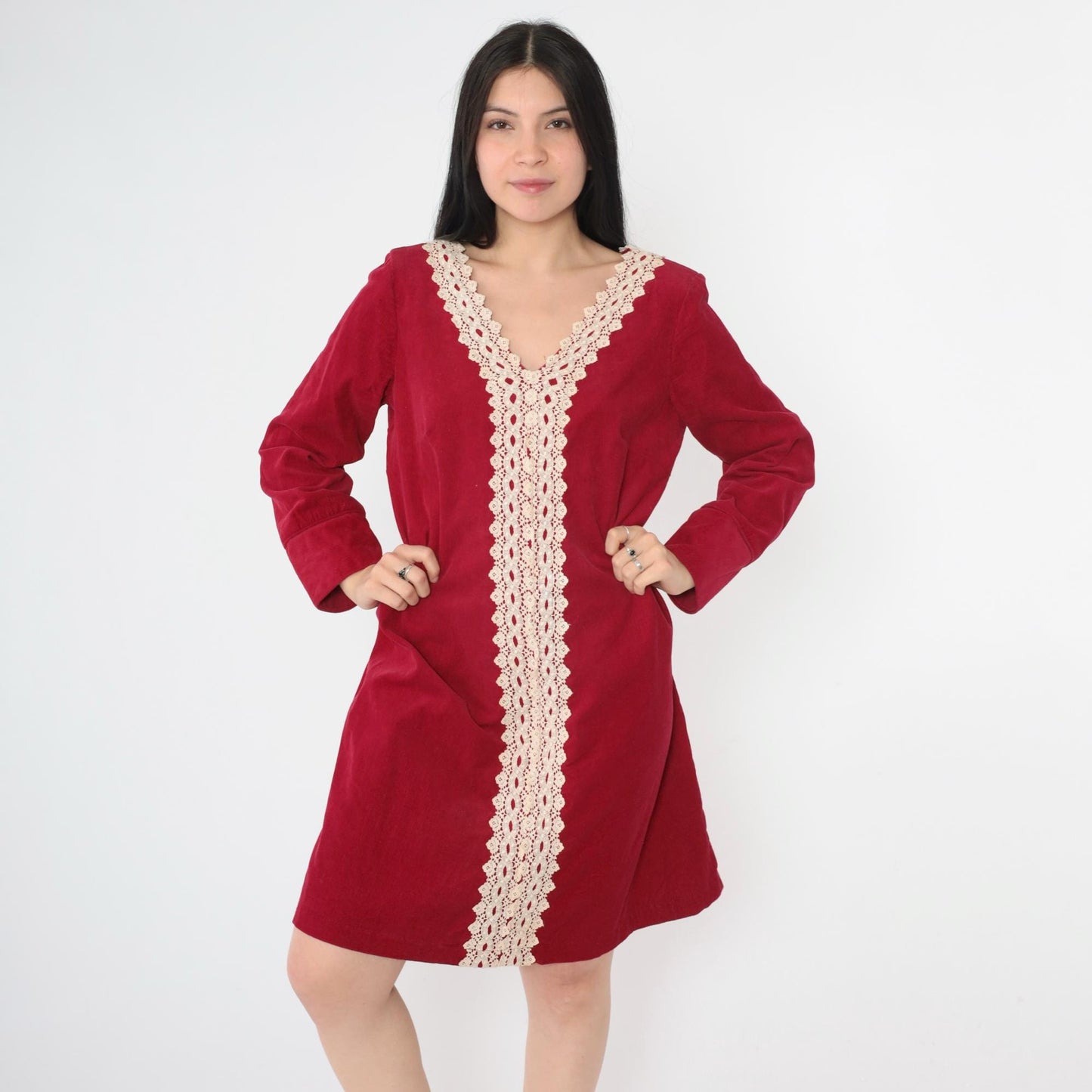 60s Carol of Mary Red Corduroy Shift Dress Cream Lace Trim V-Neck Mini Medium M