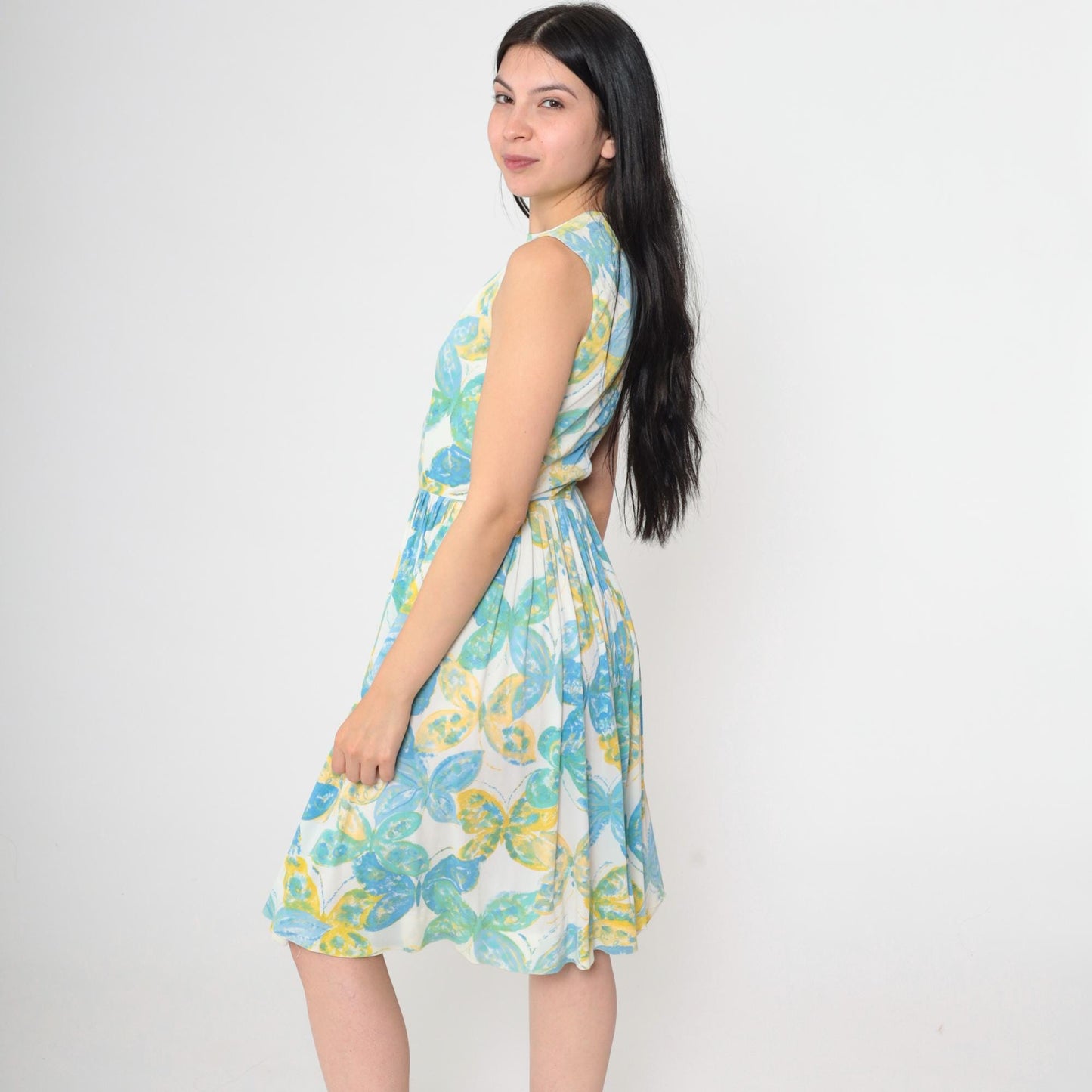 1960s Butterfly Print Mod Mini Dress White High Waist Sleeveless Extra Small