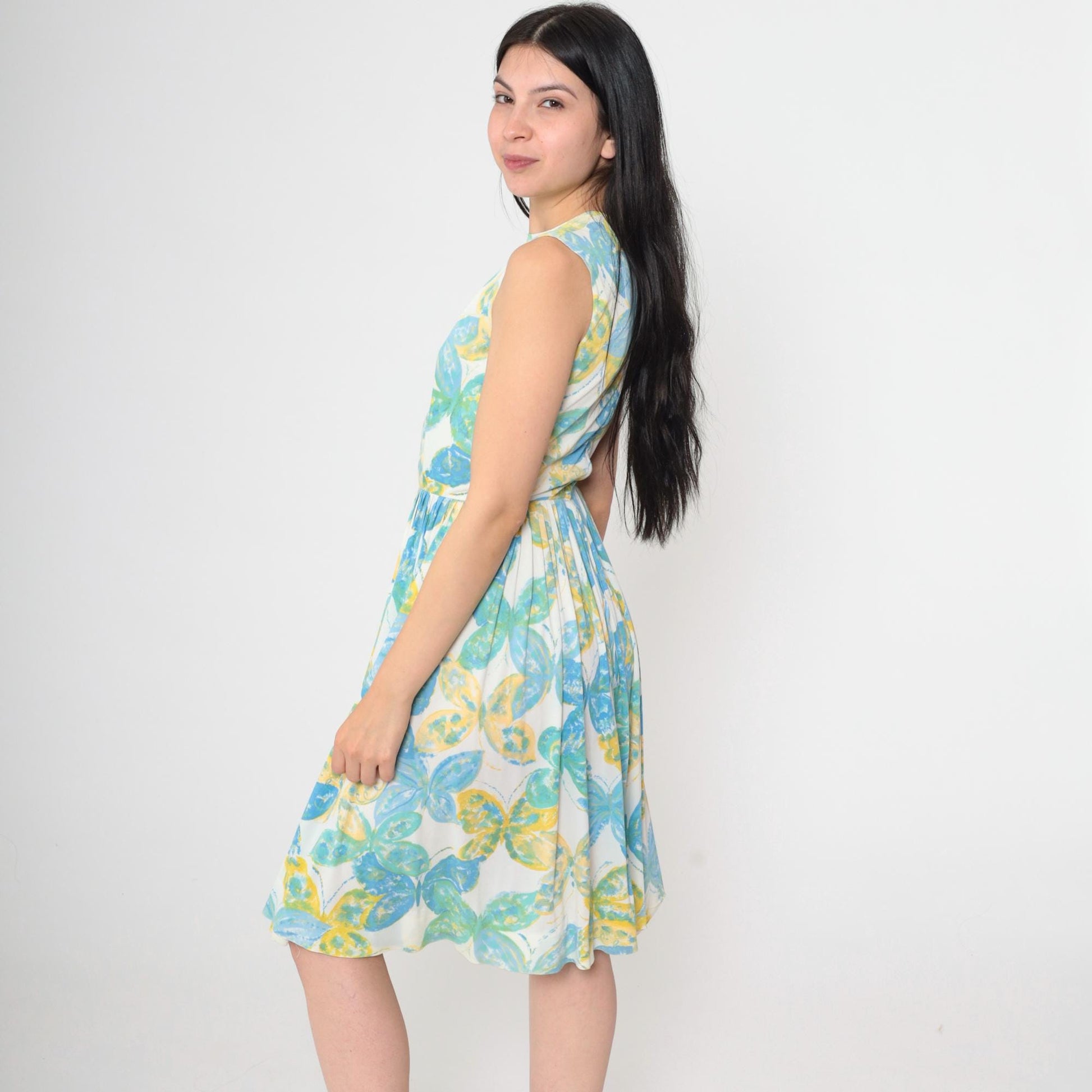 1960s Butterfly Print Mod Mini Dress White High Waist Sleeveless Extra Small