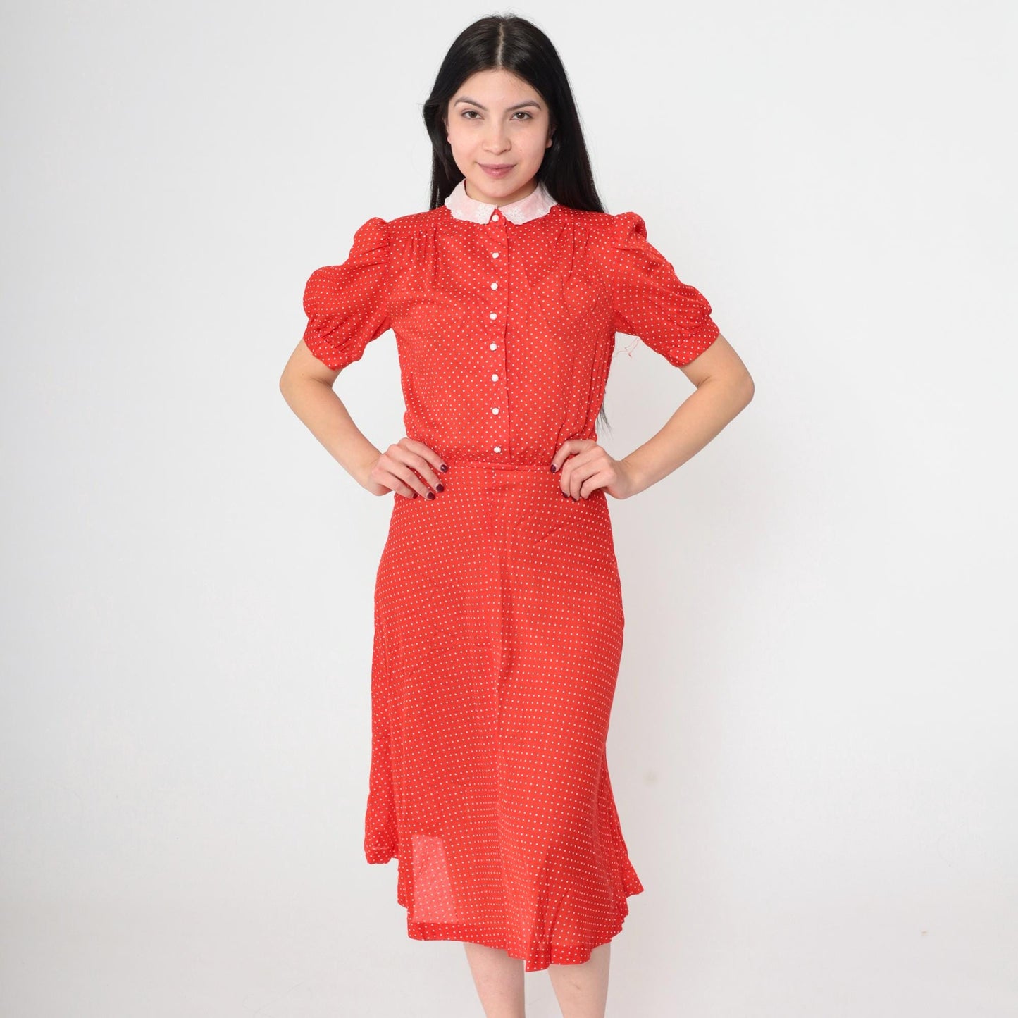 80s Red Polka Dot Midi Dress Peter Pan Collar Puff Sleeve High Waist Extra Small