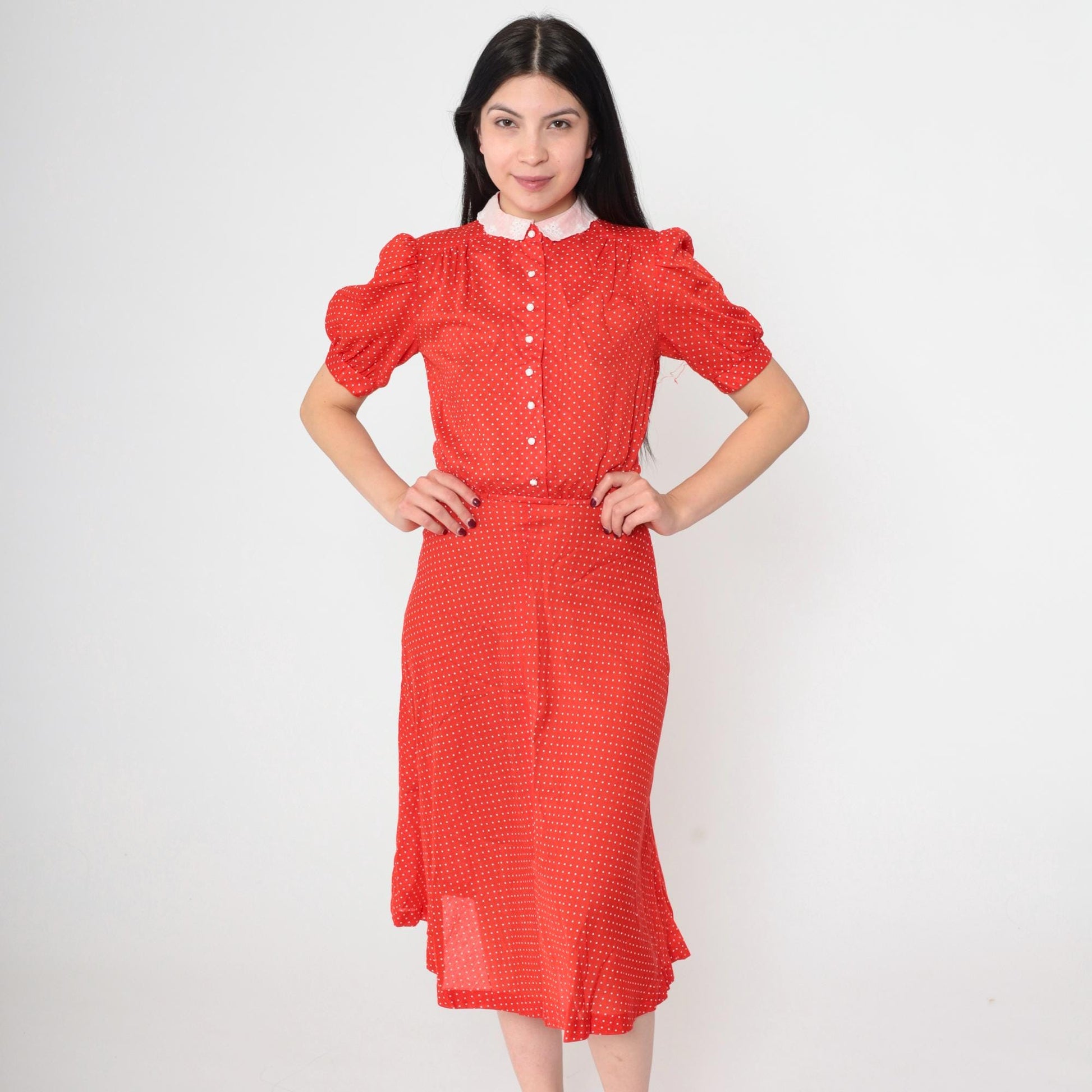 80s Red Polka Dot Midi Dress Peter Pan Collar Puff Sleeve High Waist Extra Small