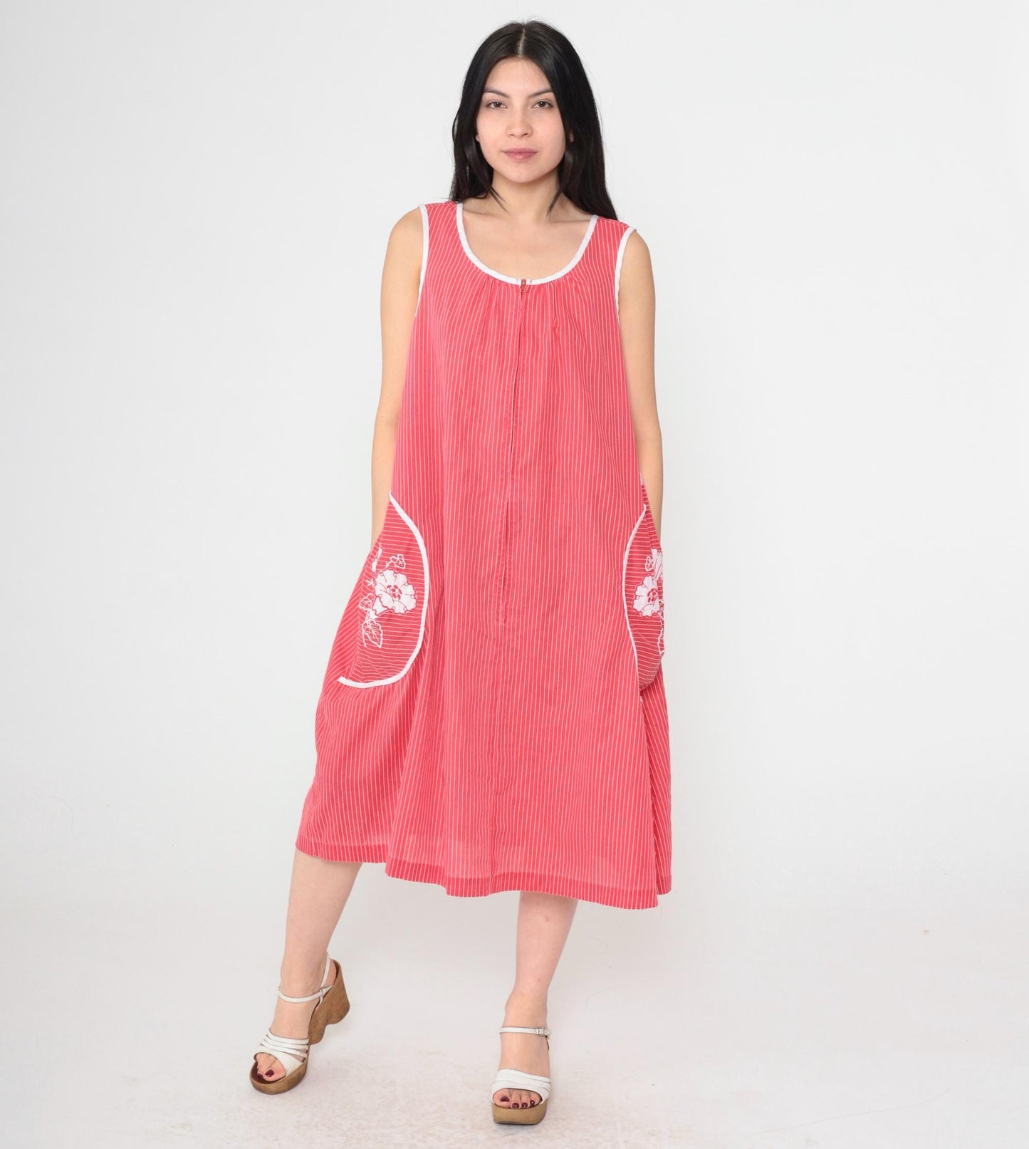 80s Red Striped Midi Dress Floral Embroidered Pockets Sleeveless Scoop Neck Large