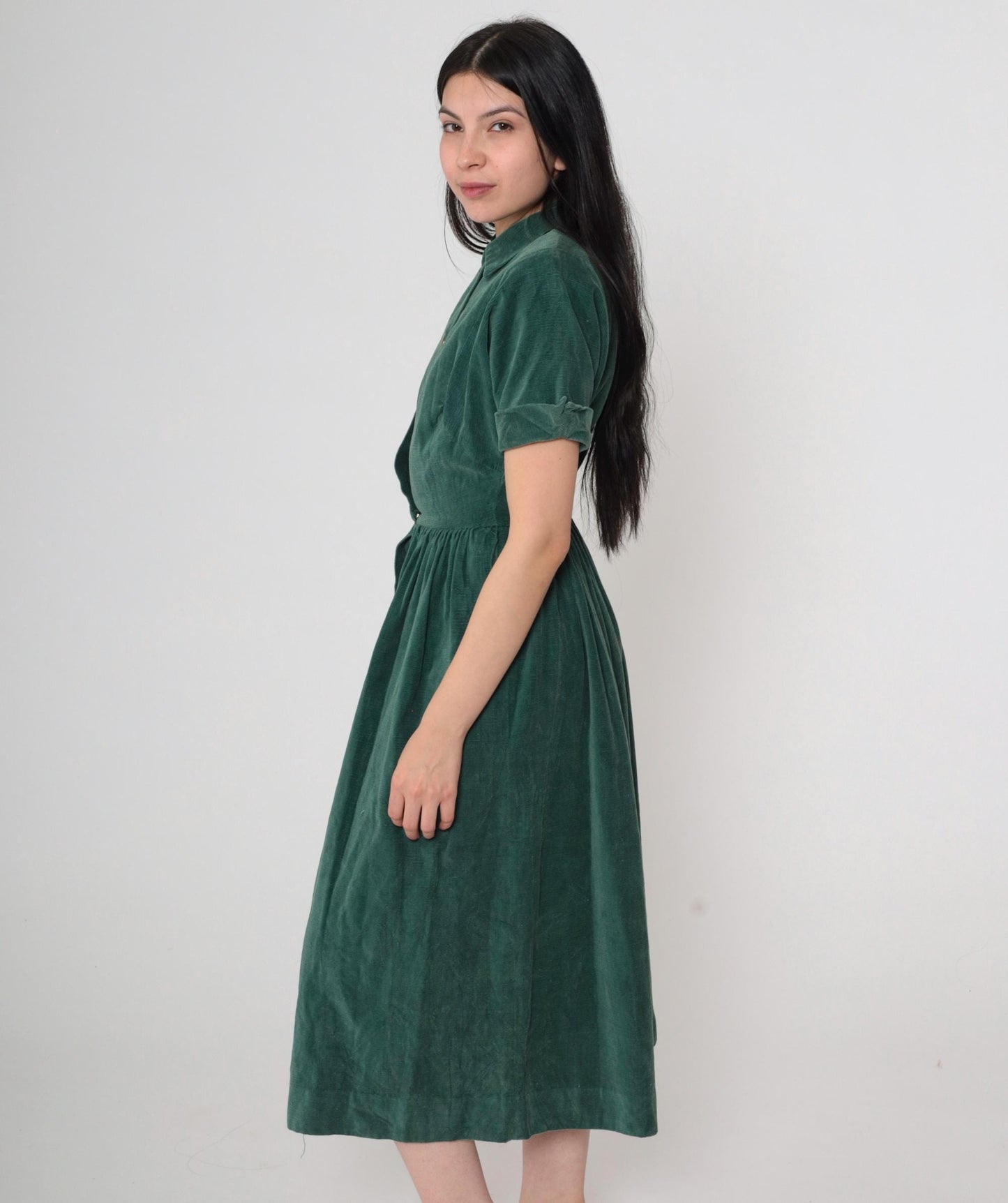 1940s Green Corduroy Button-Up Dress Collared Short Sleeve Gathered Waist Midi Extra Small