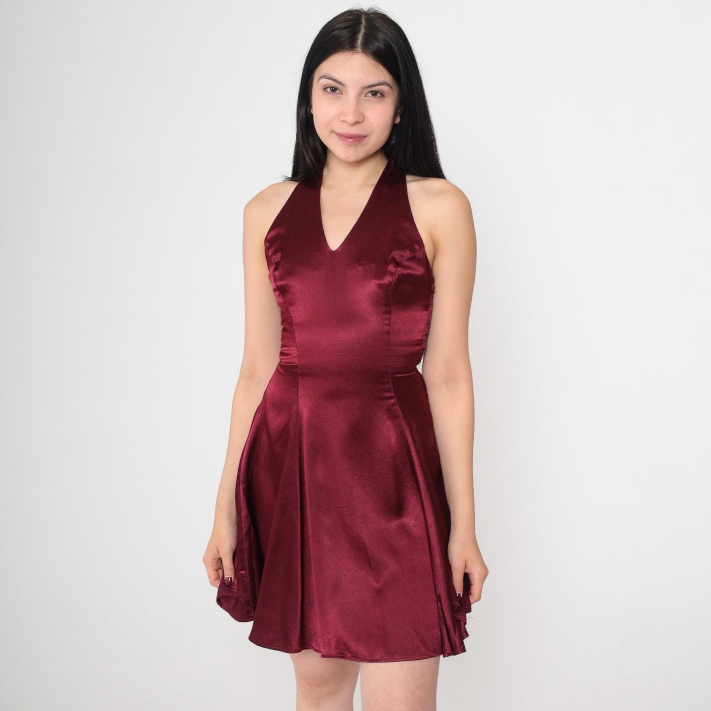 90s Jessica McClintock Gunne Sax Burgundy Satin Mini Halter Dress XS