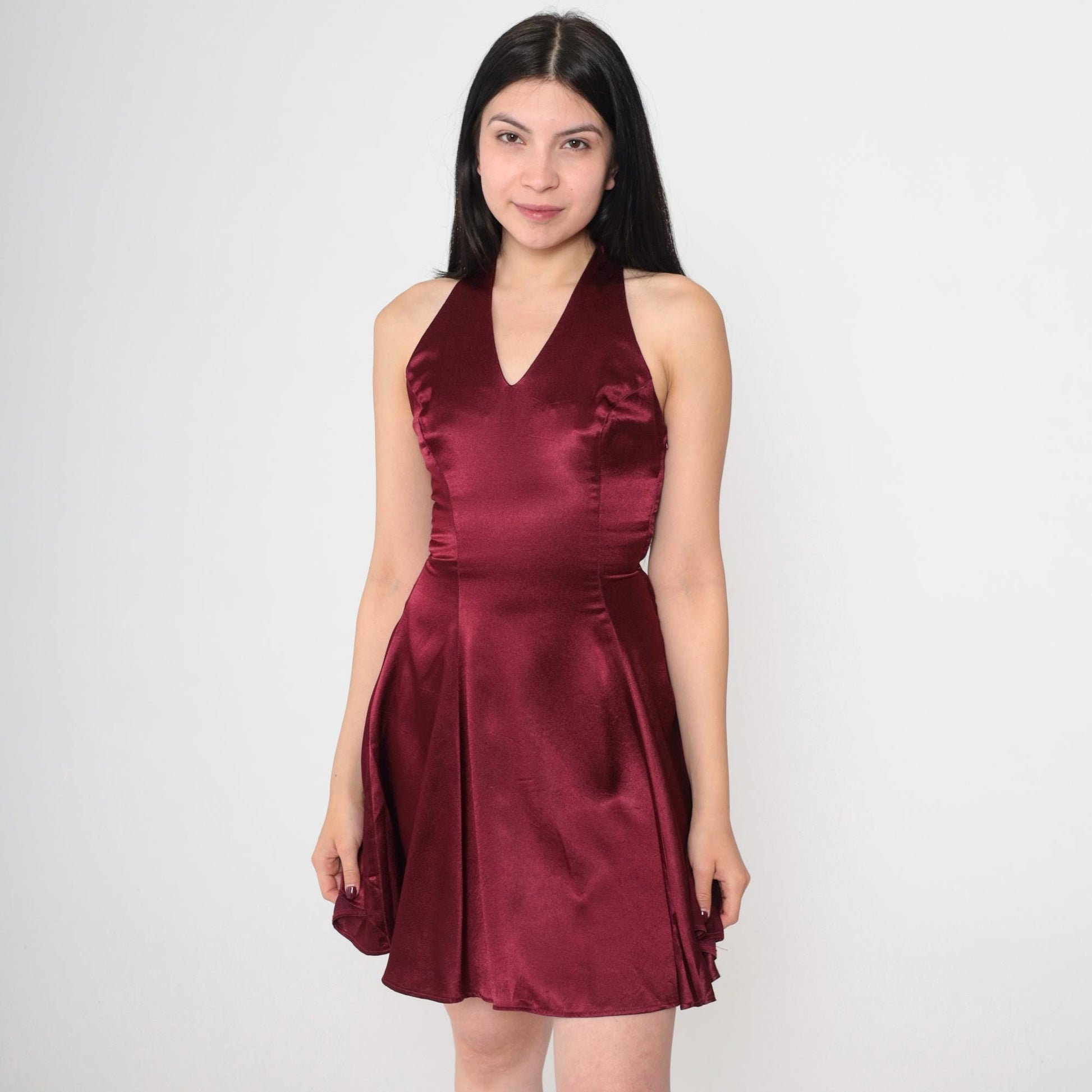90s Jessica McClintock Gunne Sax Burgundy Satin Mini Halter Dress XS