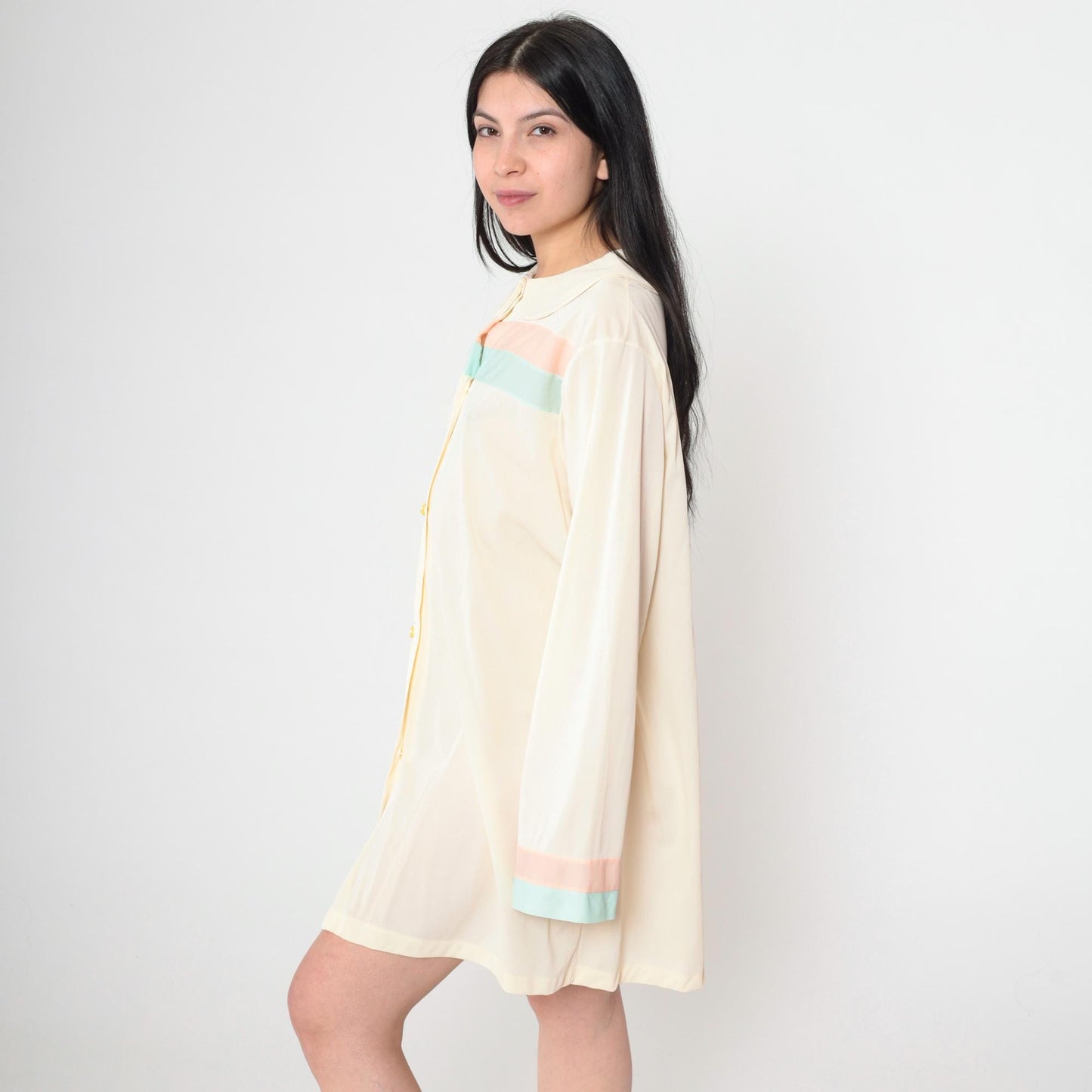 60s Cream Striped Nightgown Peter Pan Collar Mini Shift Nylon Large