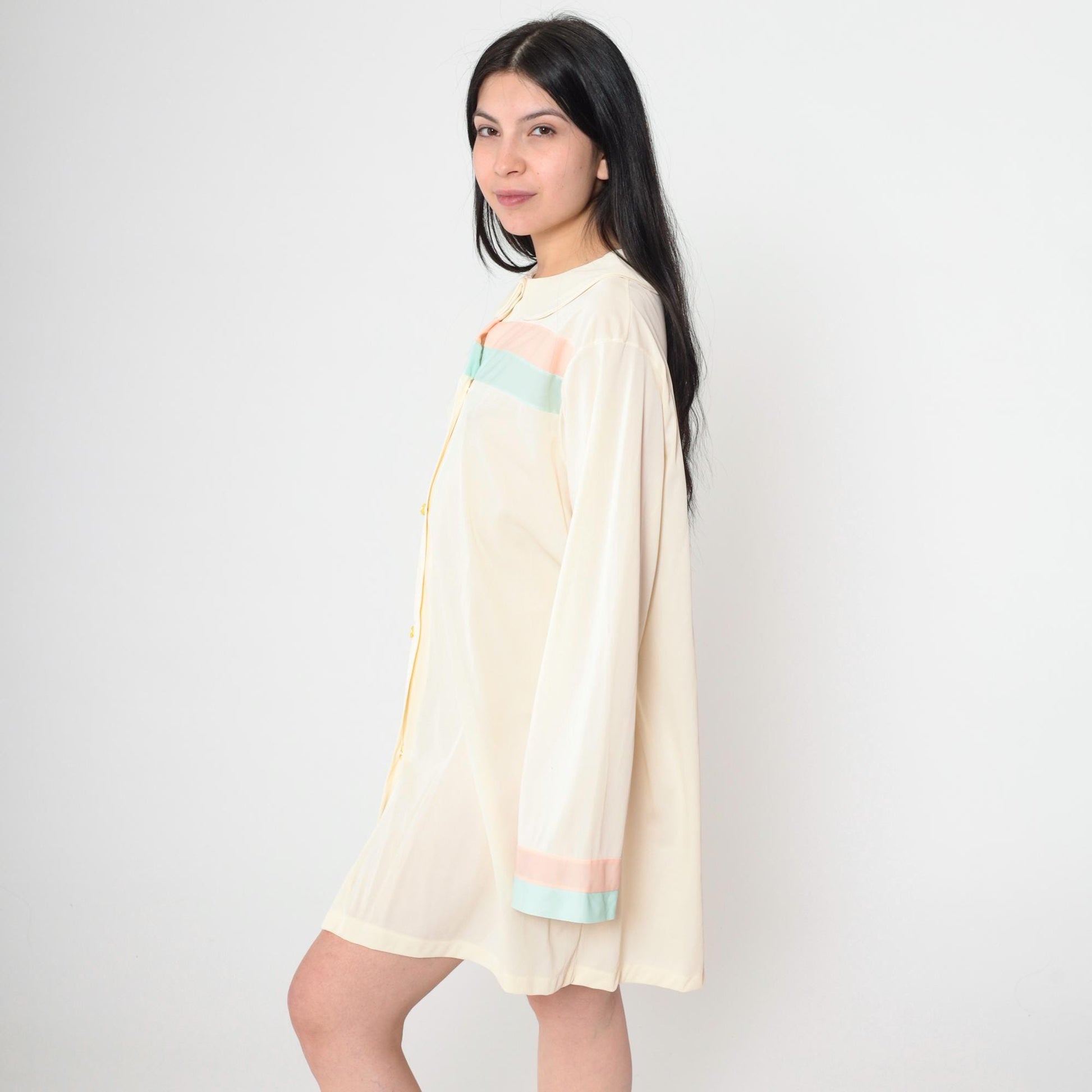 60s Cream Striped Nightgown Peter Pan Collar Mini Shift Nylon Large