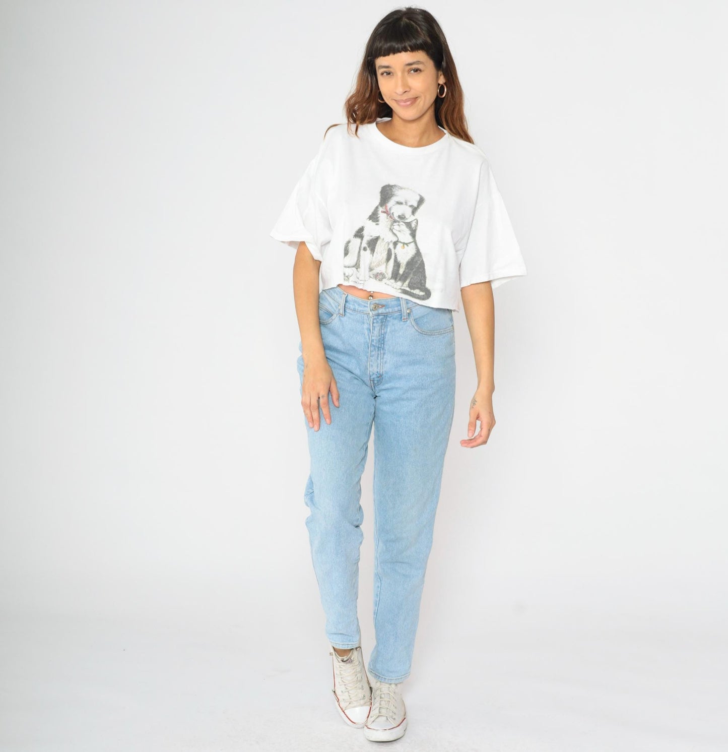 90s Cat & Dog Graphic Crop Top White Cotton T-Shirt Large L