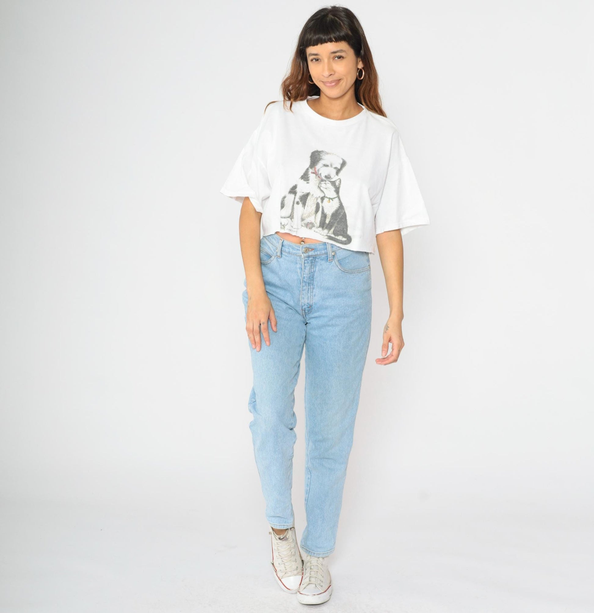 90s Cat & Dog Graphic Crop Top White Cotton T-Shirt Large L