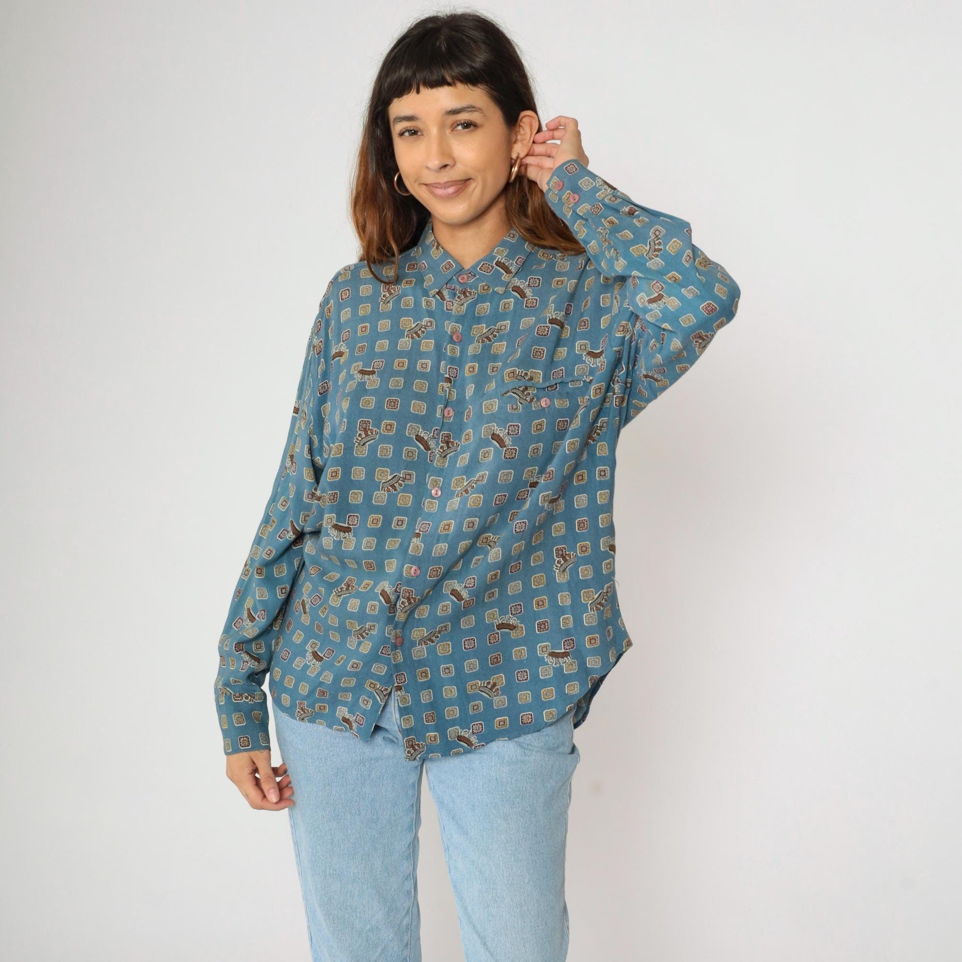 90s Forenza Blue Geometric Crown Print Button Up Shirt Large L
