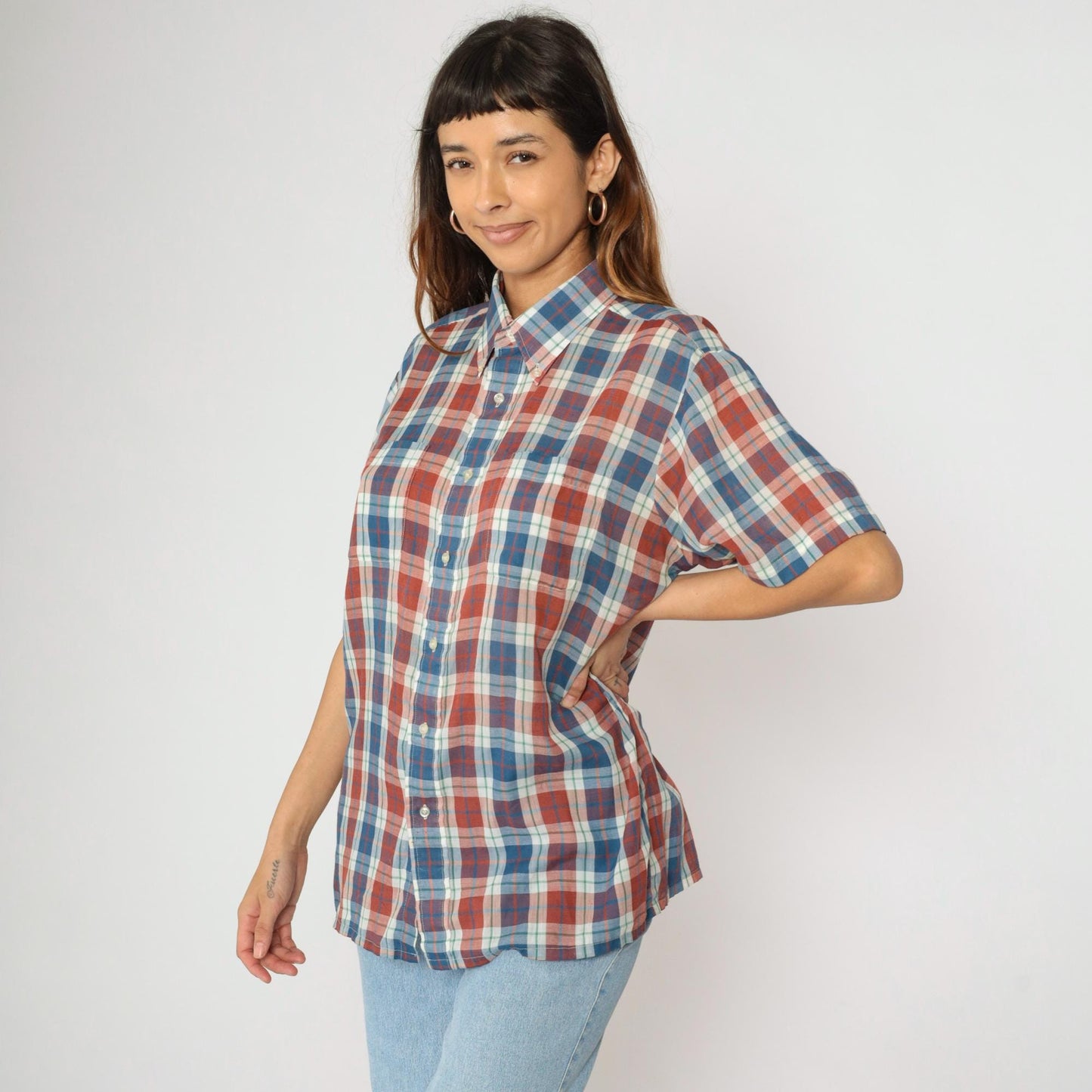 80s Towncraft Plaid Button-Up Shirt Rust White Blue Short Sleeve Large L