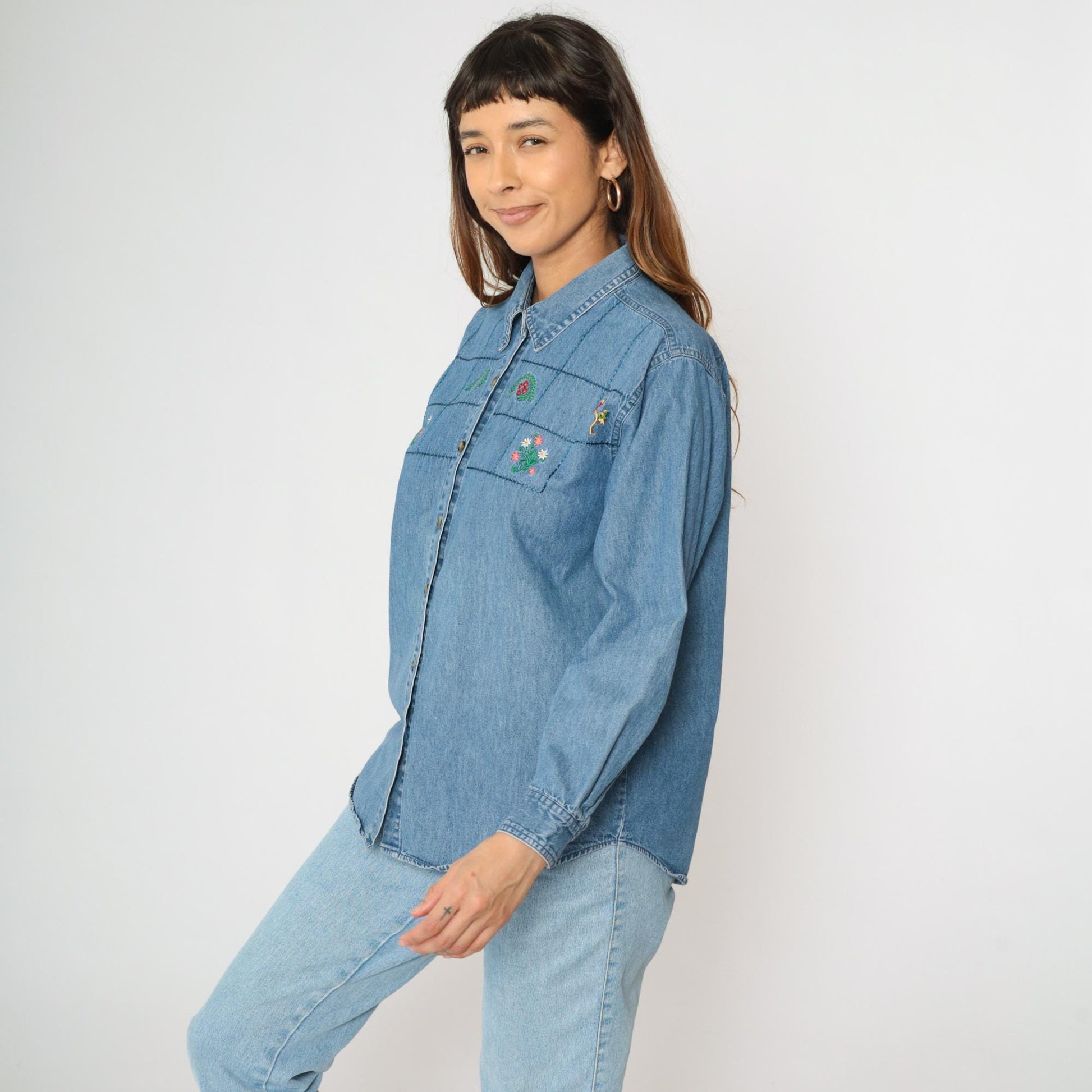 90s River Blues Floral Embroidered Denim Button-Up Shirt Blue Medium M