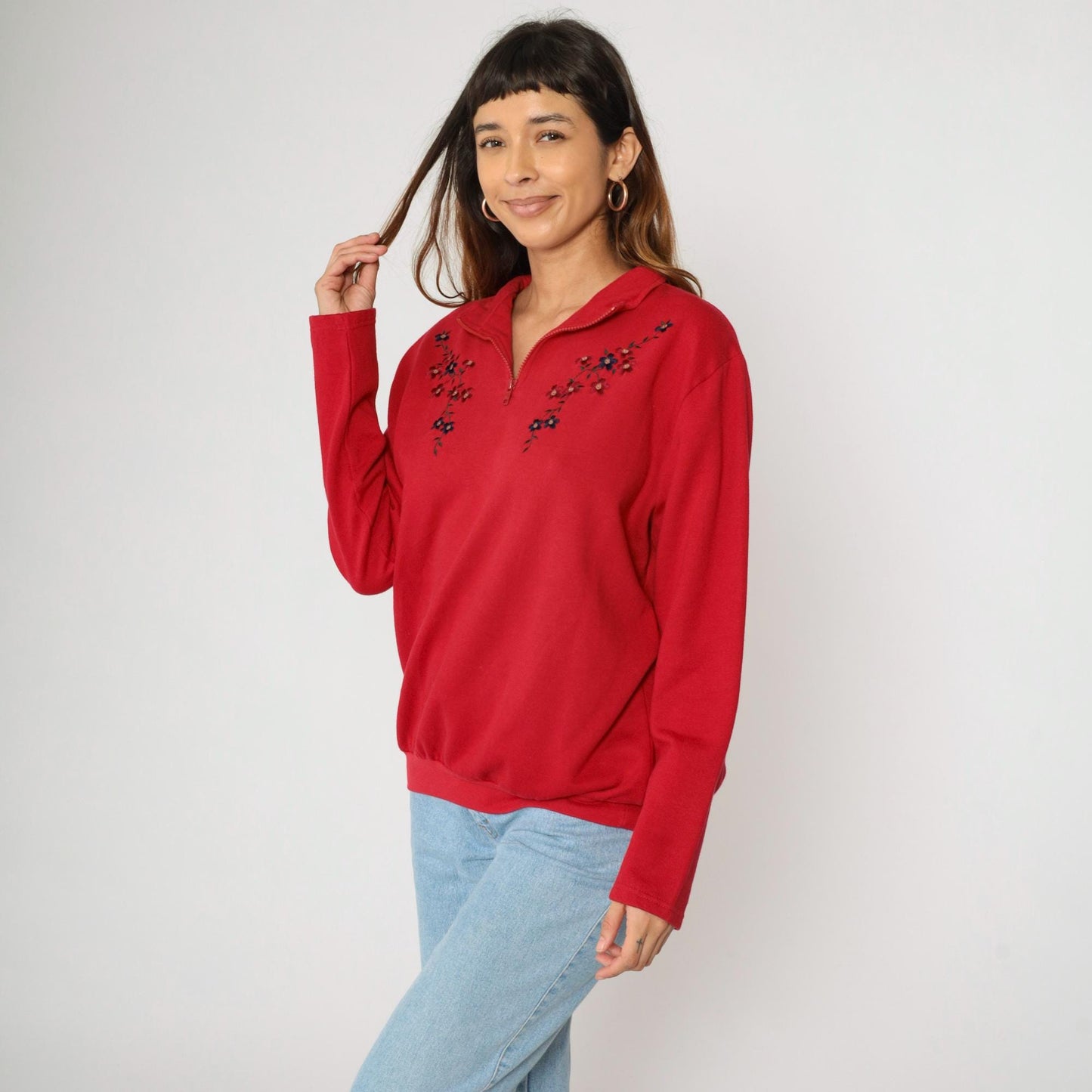 90s Karen Scott Red Floral Embroidered Quarter Zip Sweatshirt Extra Large XXL