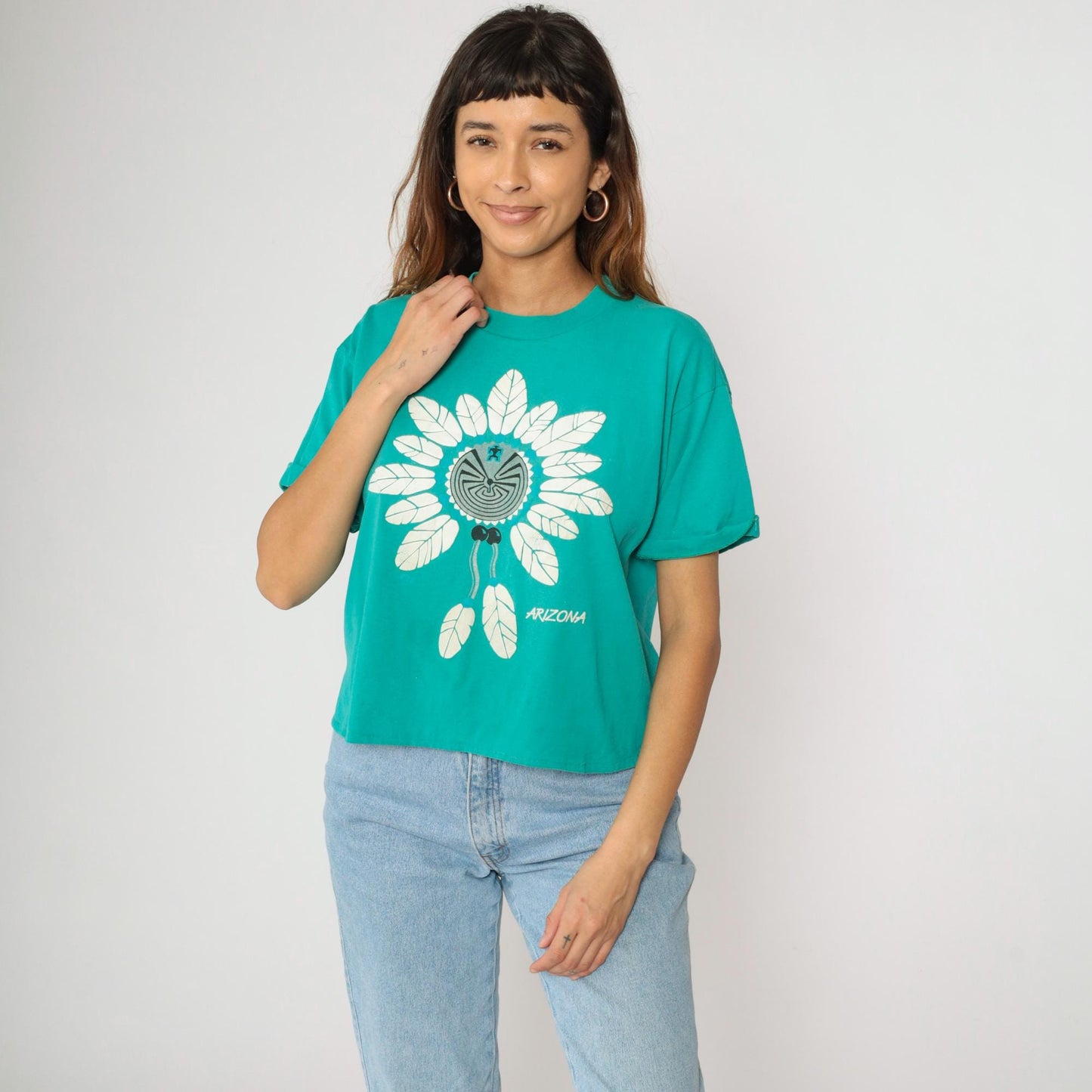 90s Arizona Turquoise Southwest Graphic Cropped T-Shirt Native American Maze Large