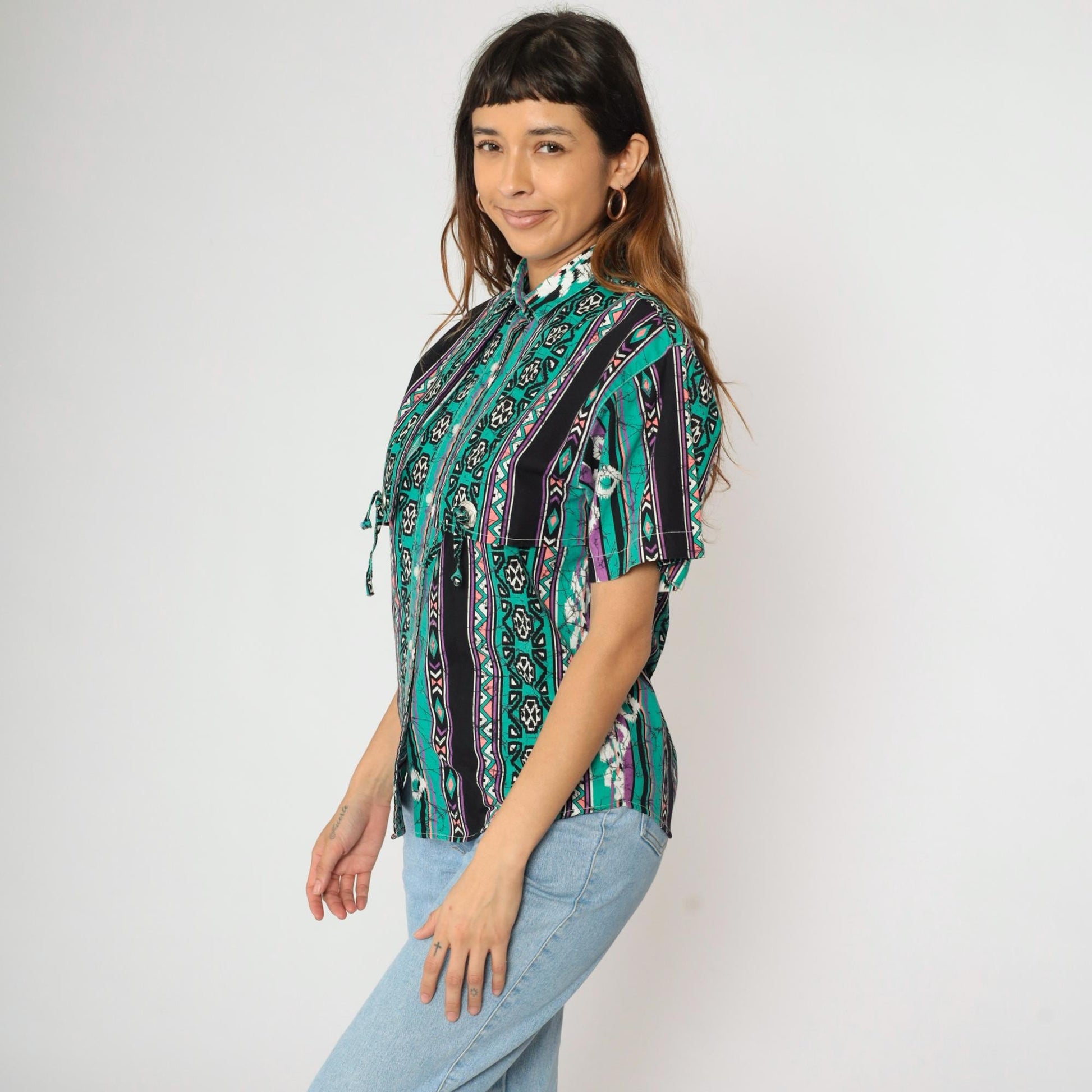 90s Frontier Series Western Shirt Green Purple Aztec Print Snap Button Small