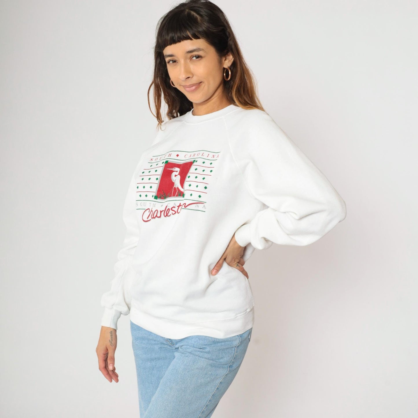 90s Charleston South Carolina Egret Graphic Sweatshirt White Raglan Medium