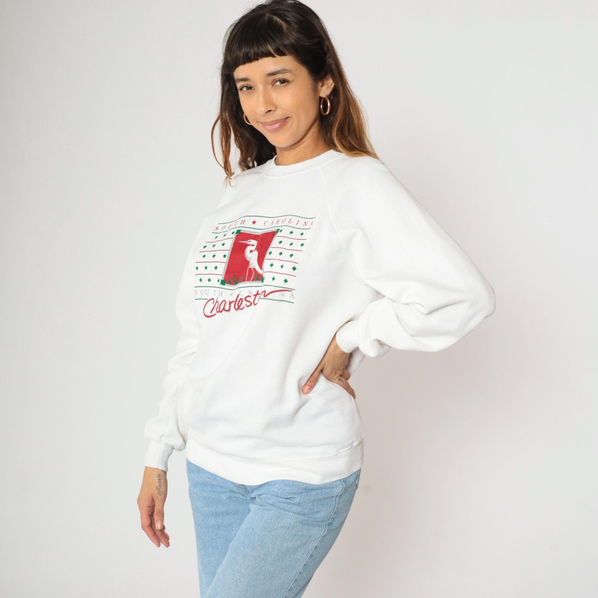 90s Charleston South Carolina Egret Graphic Sweatshirt White Raglan Medium