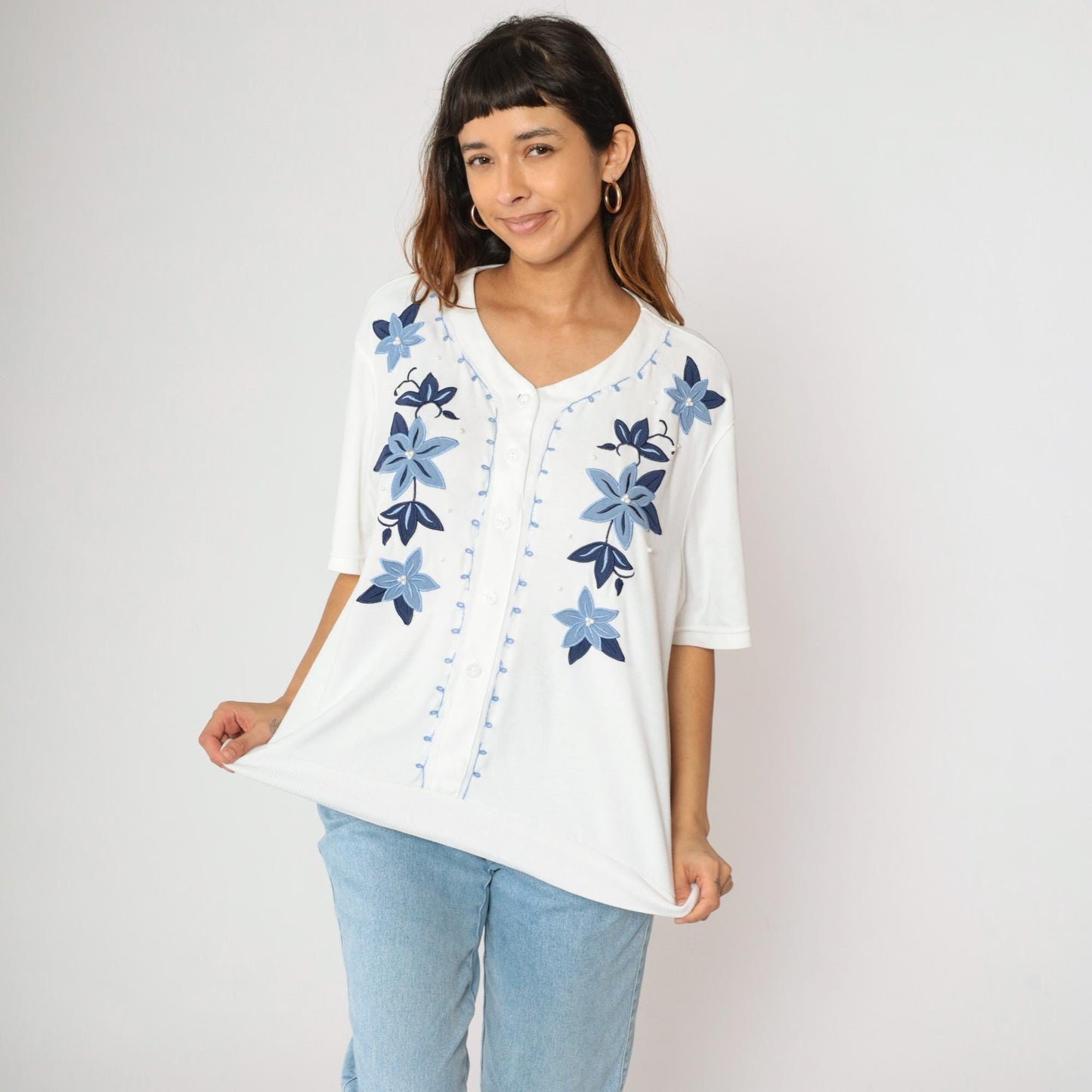 80s Alfred Dunner White Floral Embroidered Pearl Beaded Button Up Blouse Large