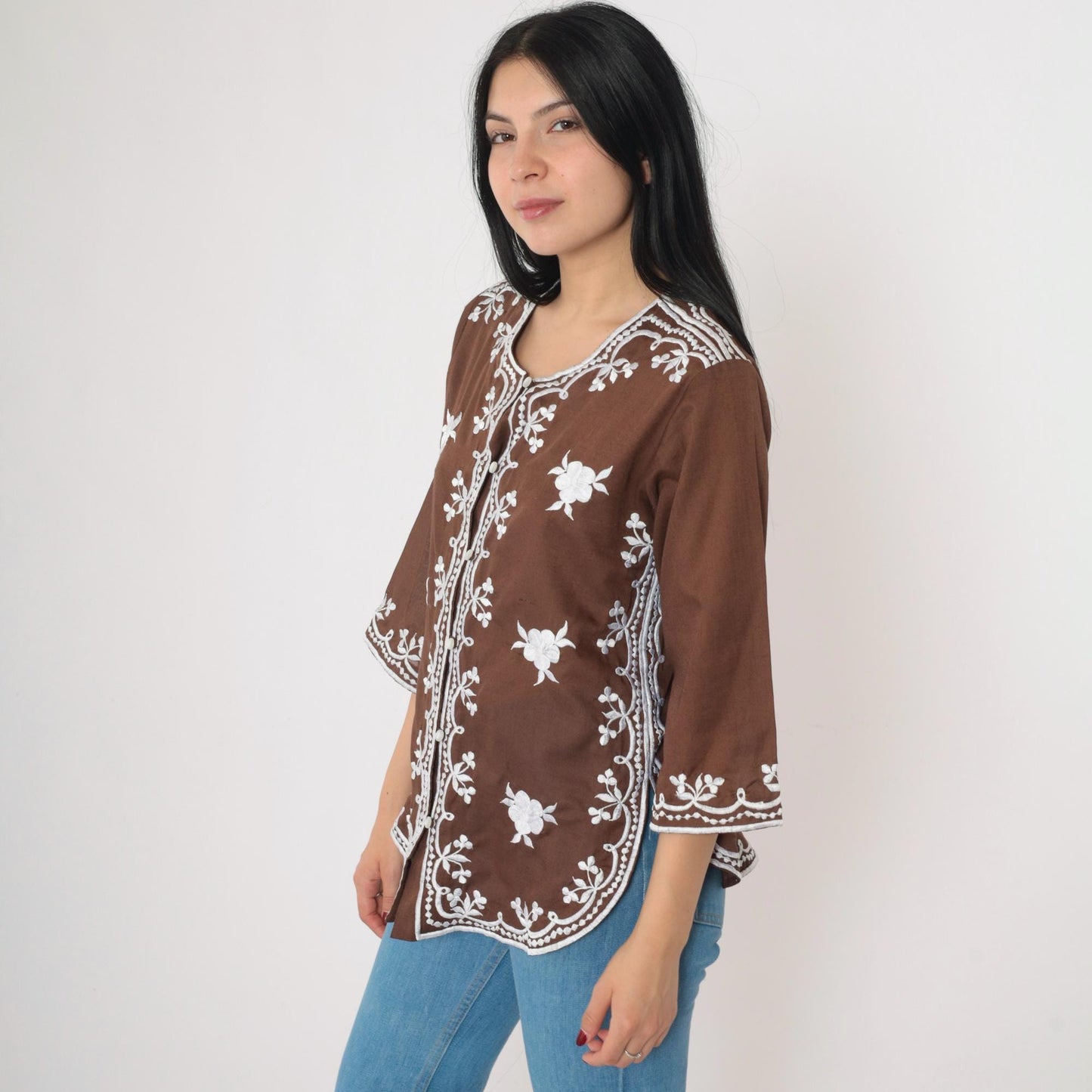 90s Brown Floral Embroidered Button-Up Blouse 3/4 Sleeve Small S